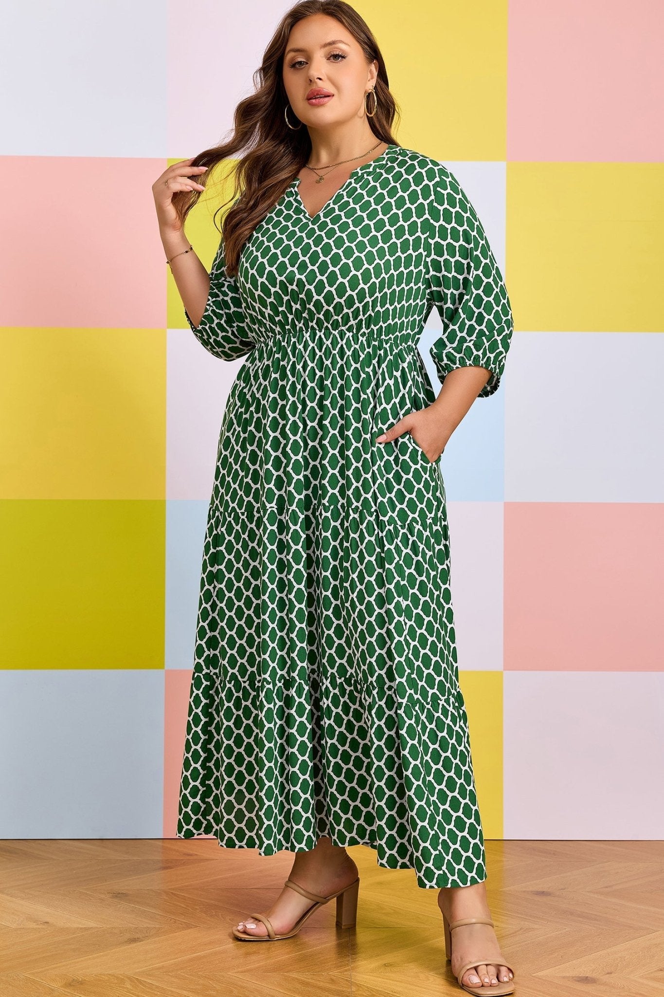 Green Plus Size Geometric Print Pocketed Ruffle Hem Casual Dress - Loving It Shop
