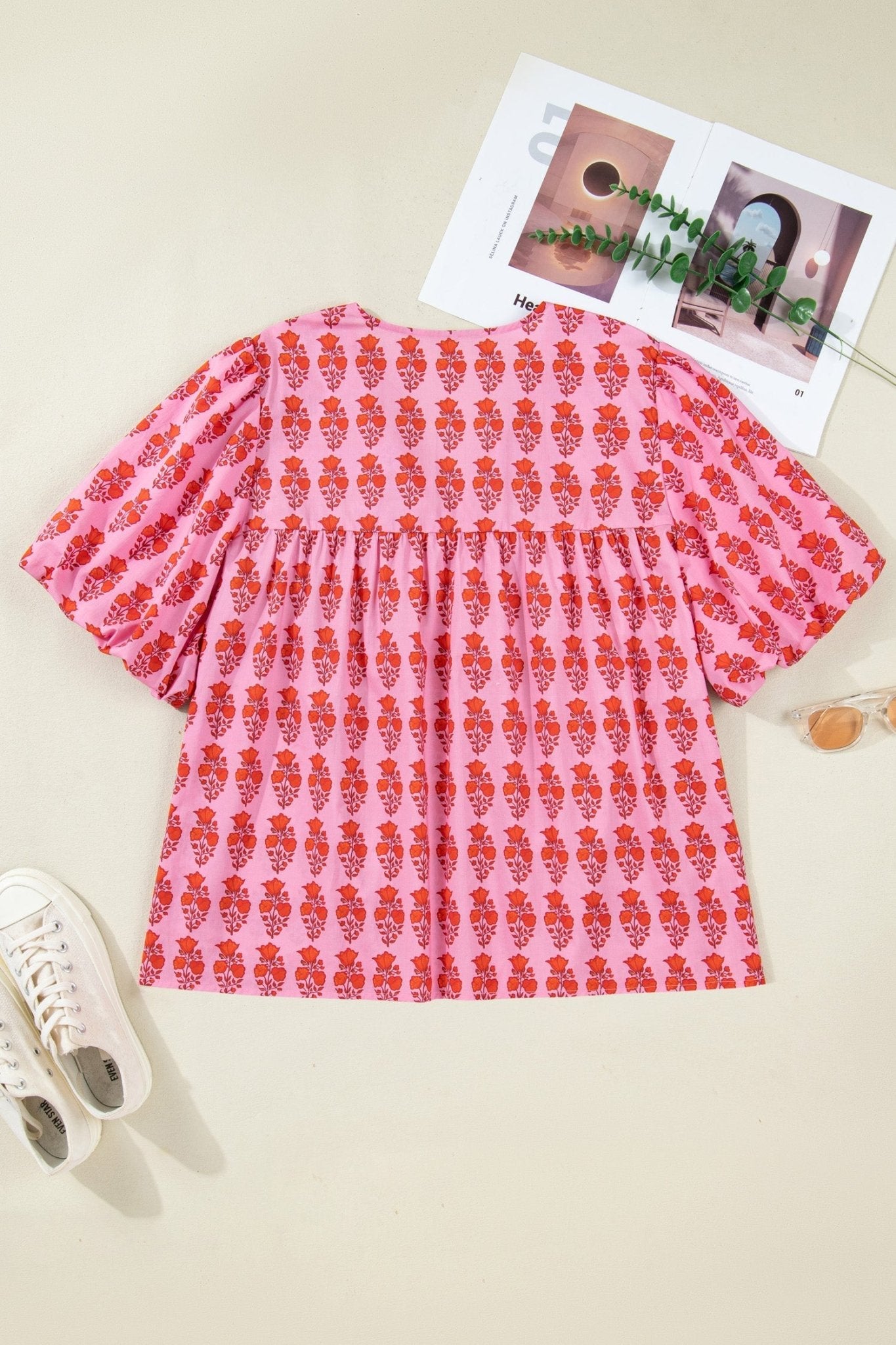 Pink Plus Size Floral Print Tassel Tie Puff Sleeve Cotton Blouse - Loving It Shop