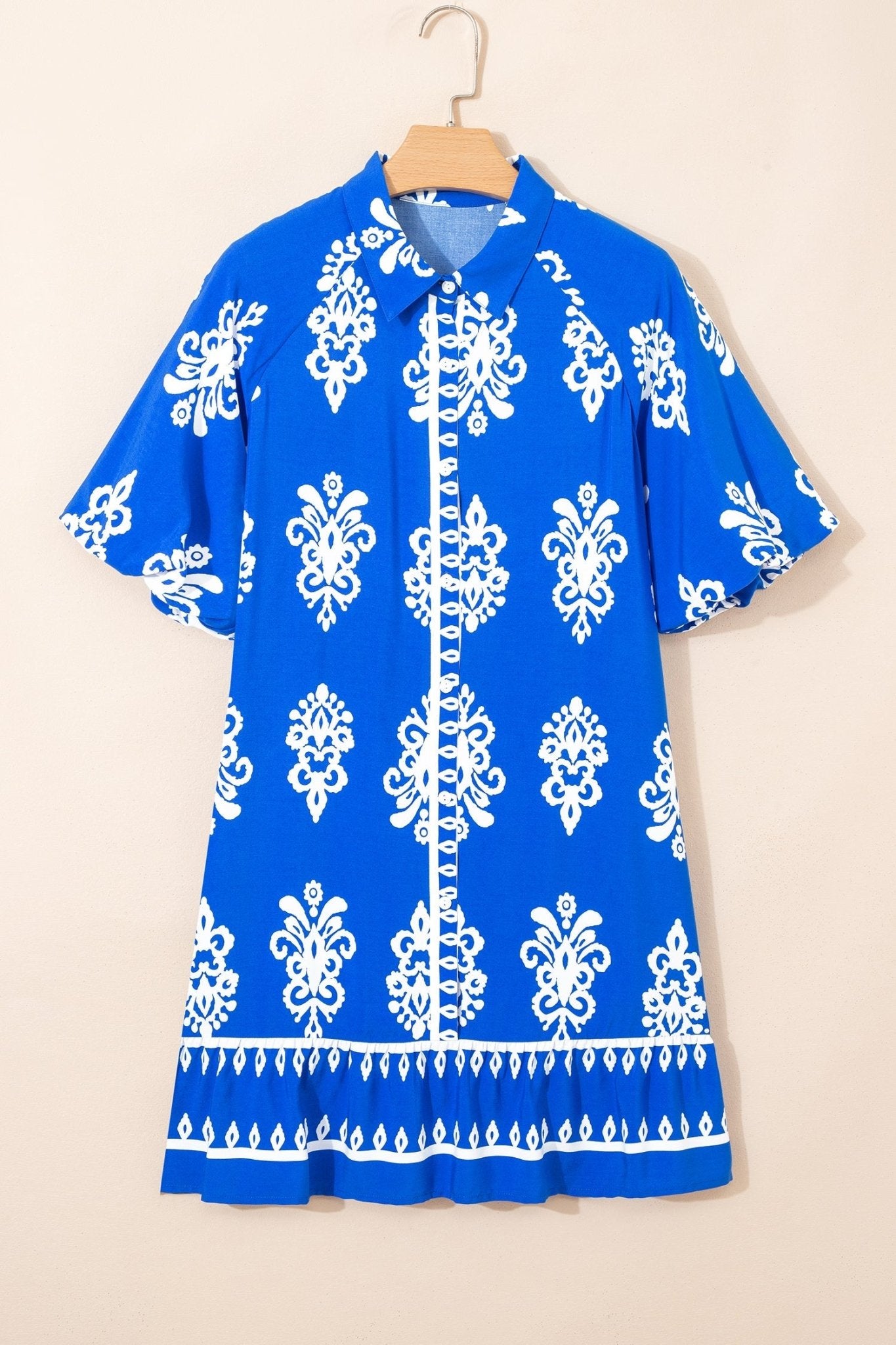Blue Ethnic Geometric Print Collared Button Front Short Puff Sleeve Mini Dress - Loving It Shop