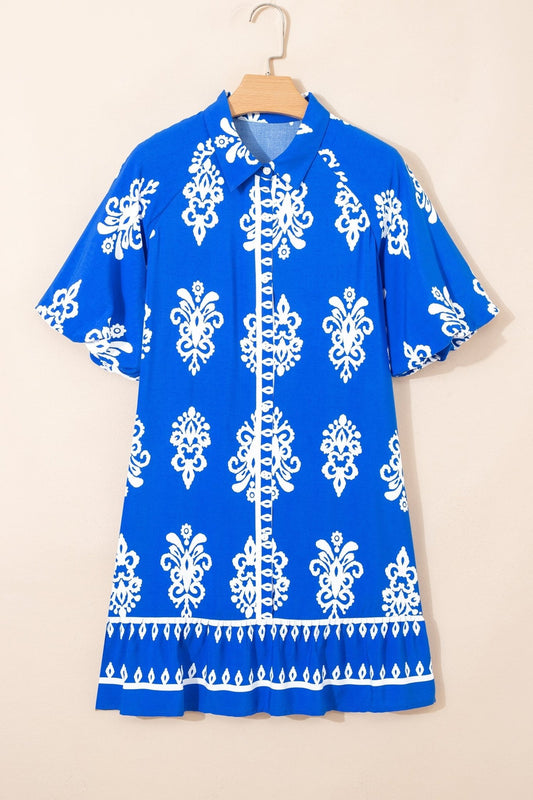 Blue Ethnic Geometric Print Collared Button Front Short Puff Sleeve Mini Dress - Loving It Shop