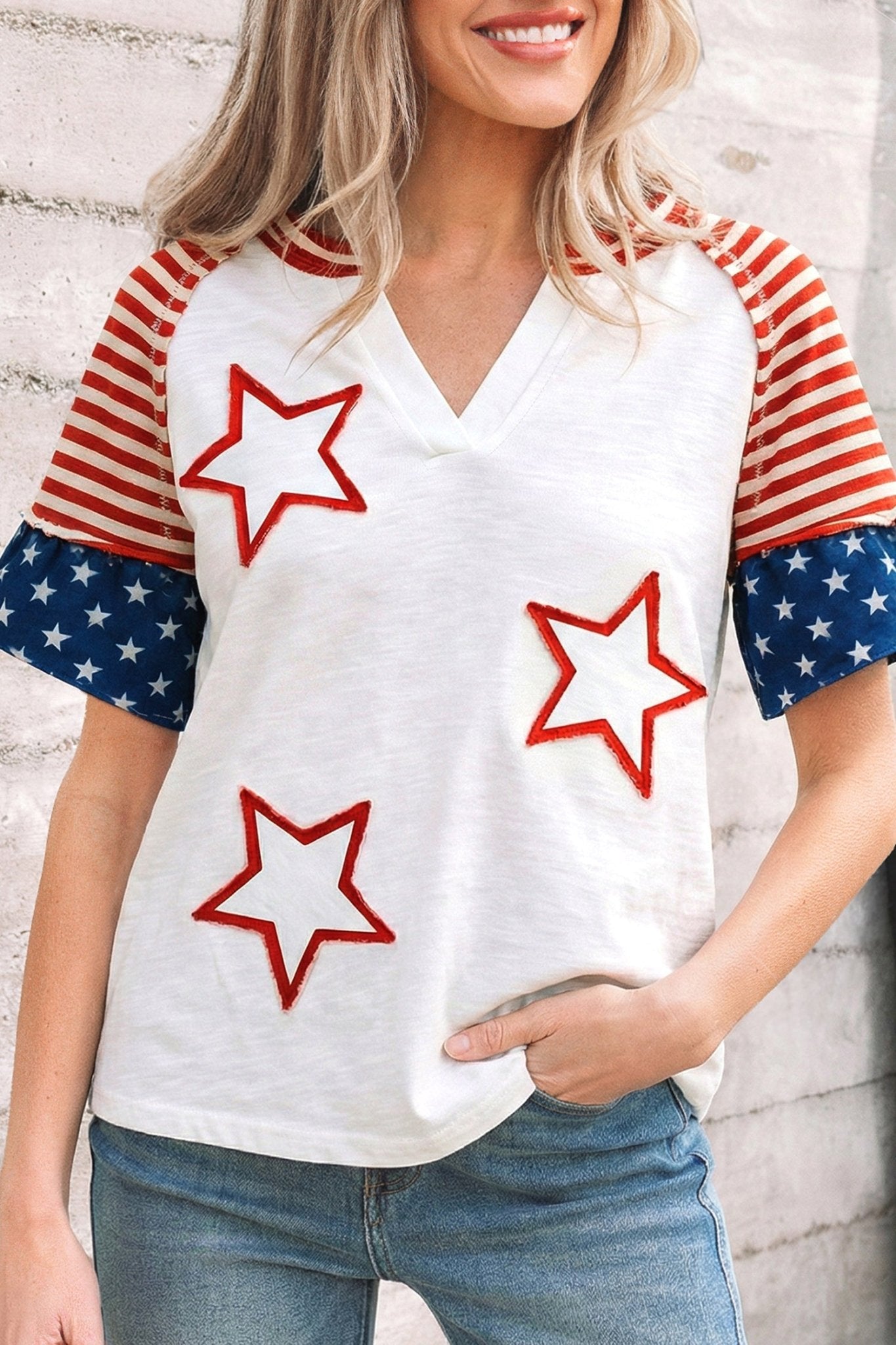 Fiery Red Star Detail Flag Inspired Short Sleeve Top - Loving It Shop