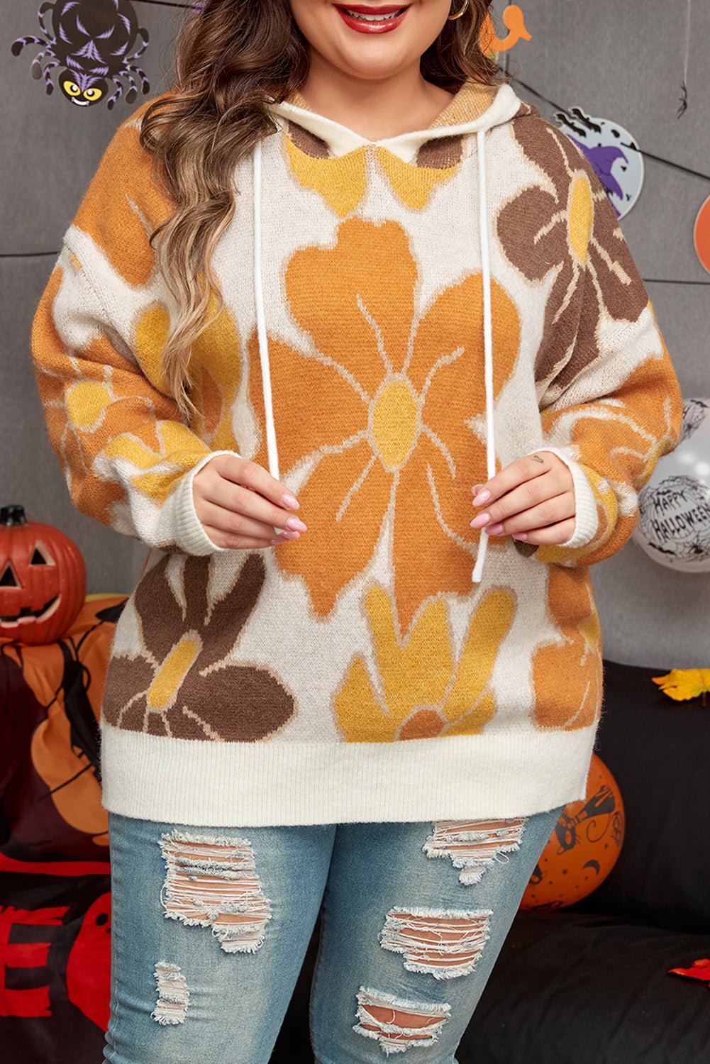 White Large Flower Knitted Drawstring Hooded Plus Size Sweater - Loving It Shop