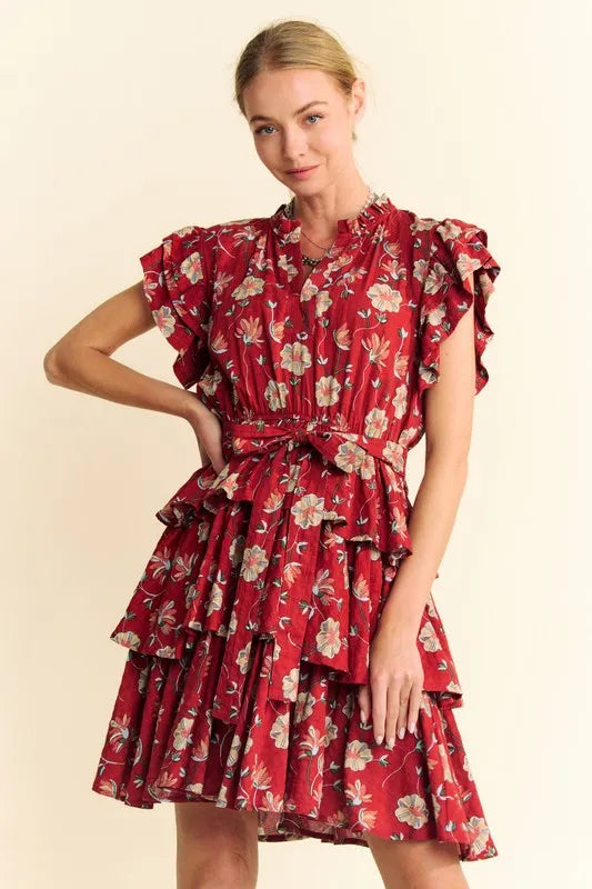 Davi &amp; Dani Ruffle Flutter Sleeve Tie Belt Tiered Mini Dress