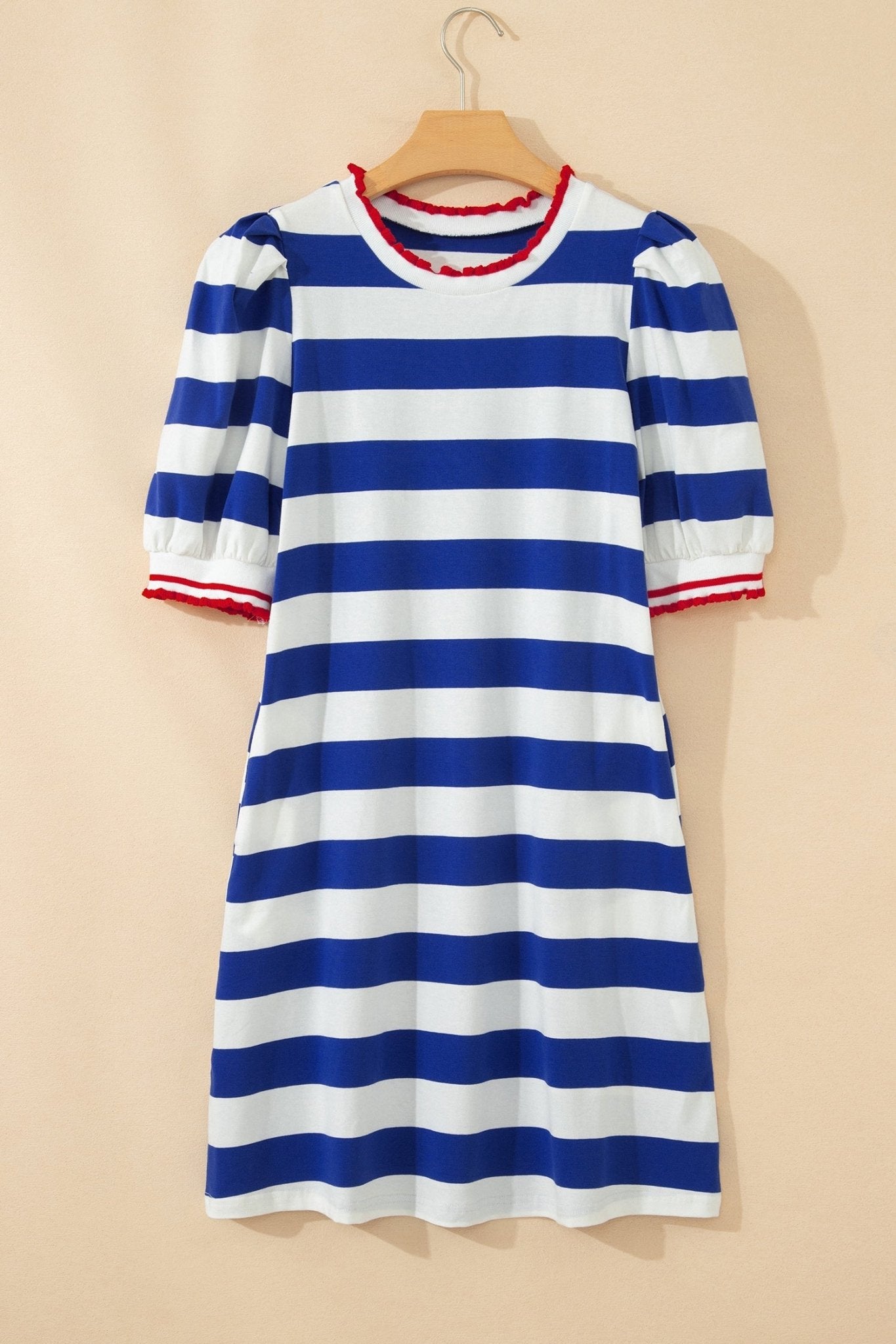 Blue Stripe Contrast Trim Round Neck Short Puff Sleeve Shift Mini Dress - Loving It Shop