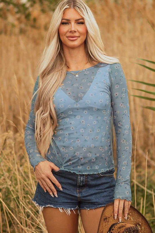 Sky Blue Vintage Floral Print Southern Style Mesh Long Sleeve Top - Loving It Shop