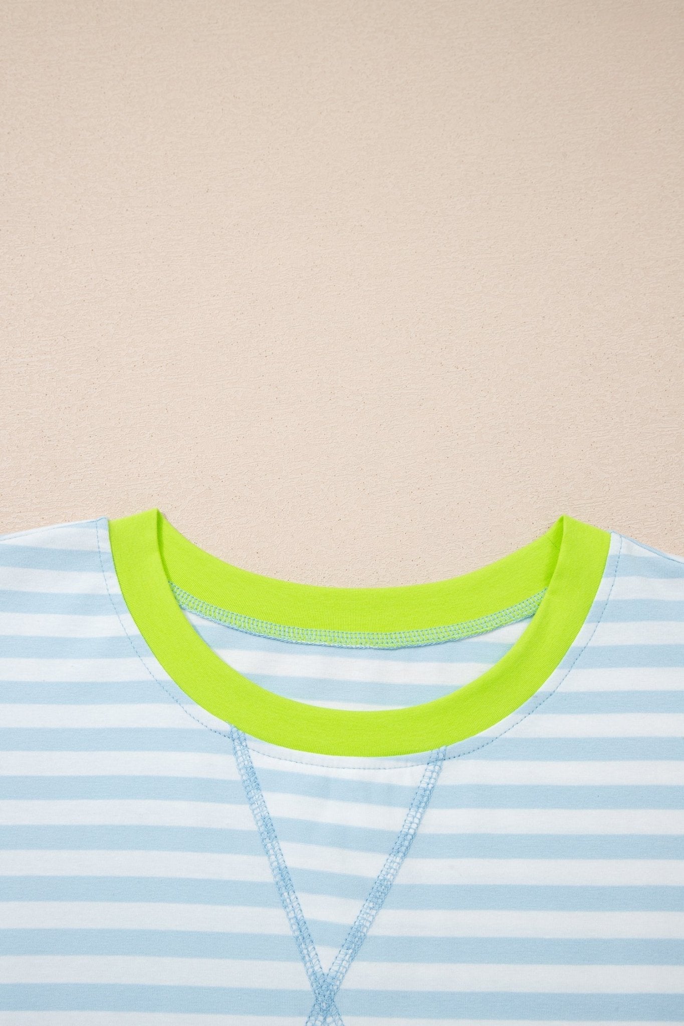 Sky Blue Stripe Contrast Neck Loose Tee and Drawstring Shorts Set - Loving It Shop