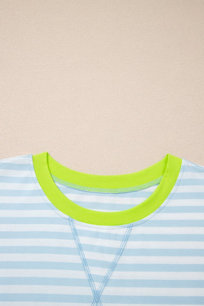 Sky Blue Stripe Contrast Neck Loose Tee and Drawstring Shorts Set - Loving It Shop