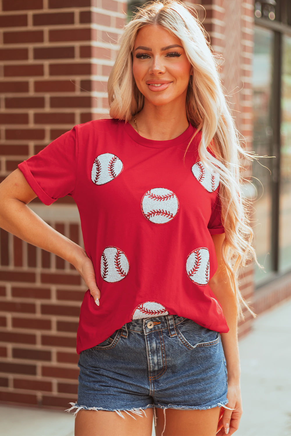 Red Glittering Rugby Pattern Crew Neck Game Day T Shirt