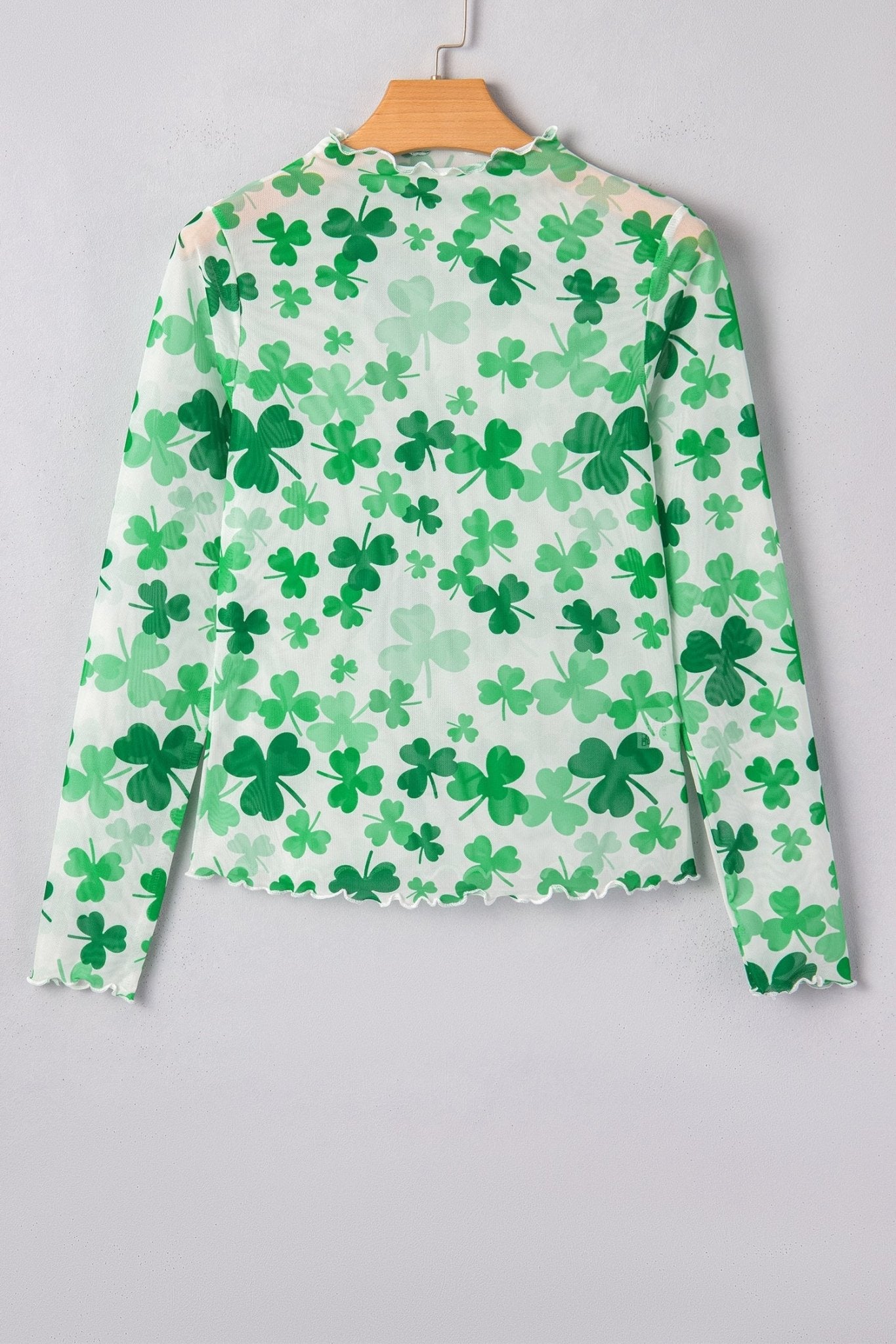 Green Lucky Shamrock Lettuce Trim High Neck Mesh Long Sleeve Top - Loving It Shop