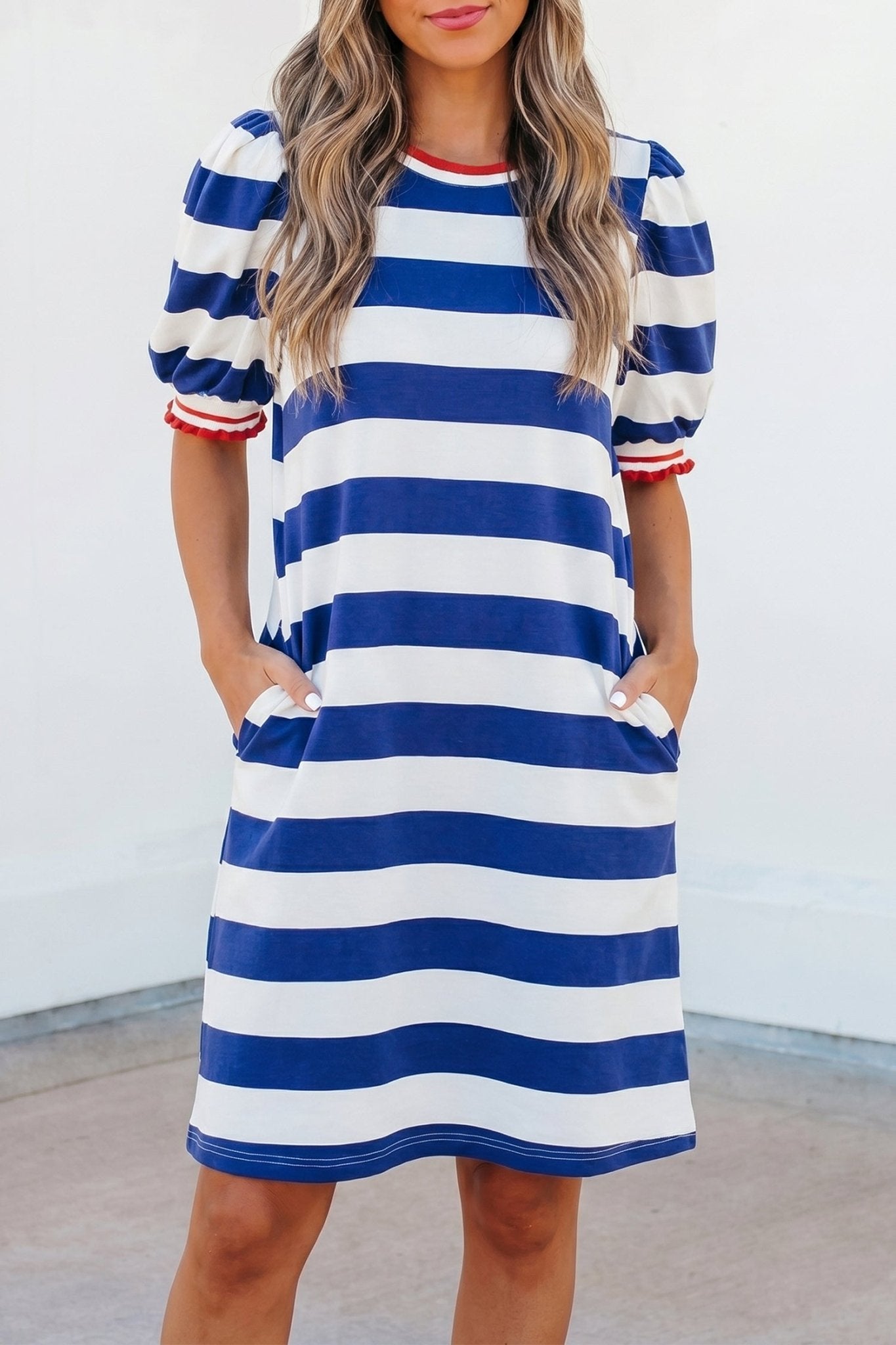 Blue Stripe Contrast Trim Round Neck Short Puff Sleeve Shift Mini Dress - Loving It Shop