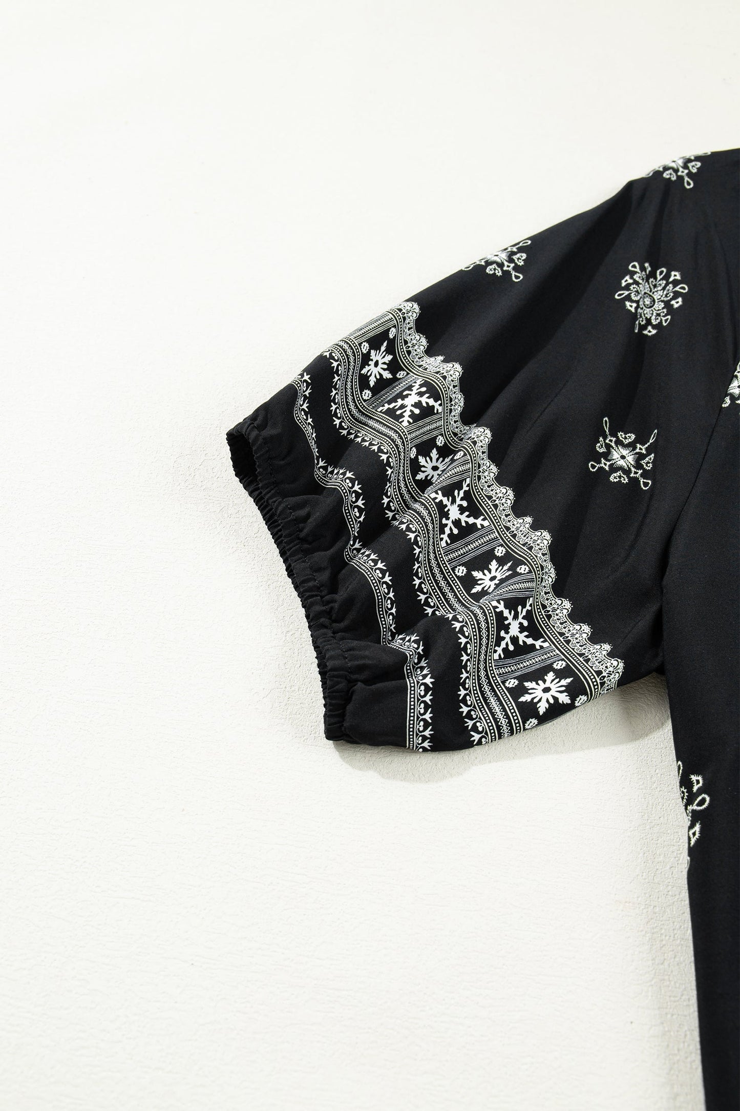 Black Boho Chic Notched V Neck Plus Floral Short Sleeve Top