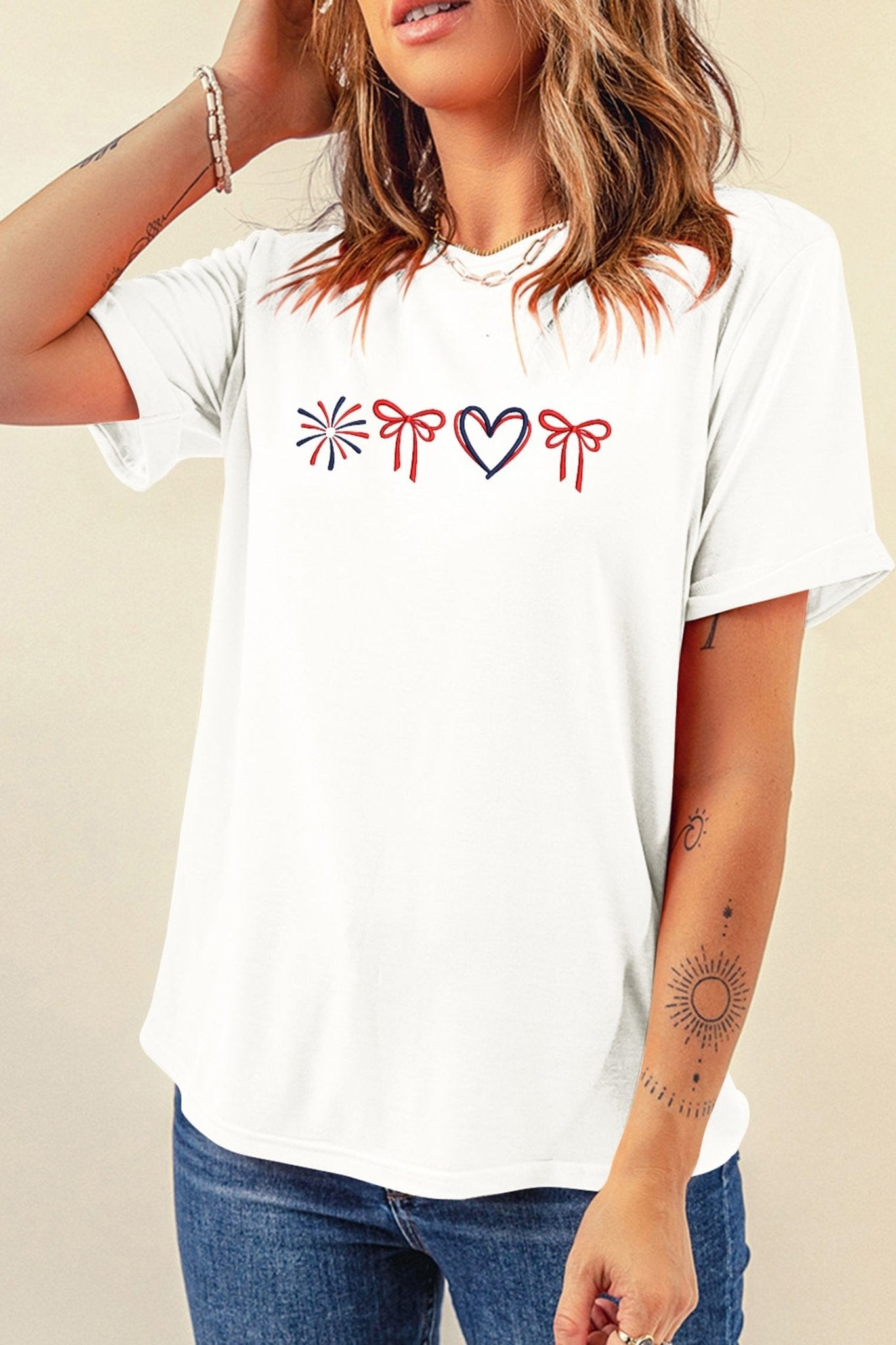 White Love July 4th Firework Bow Embroidered T Shirt - Loving It Shop