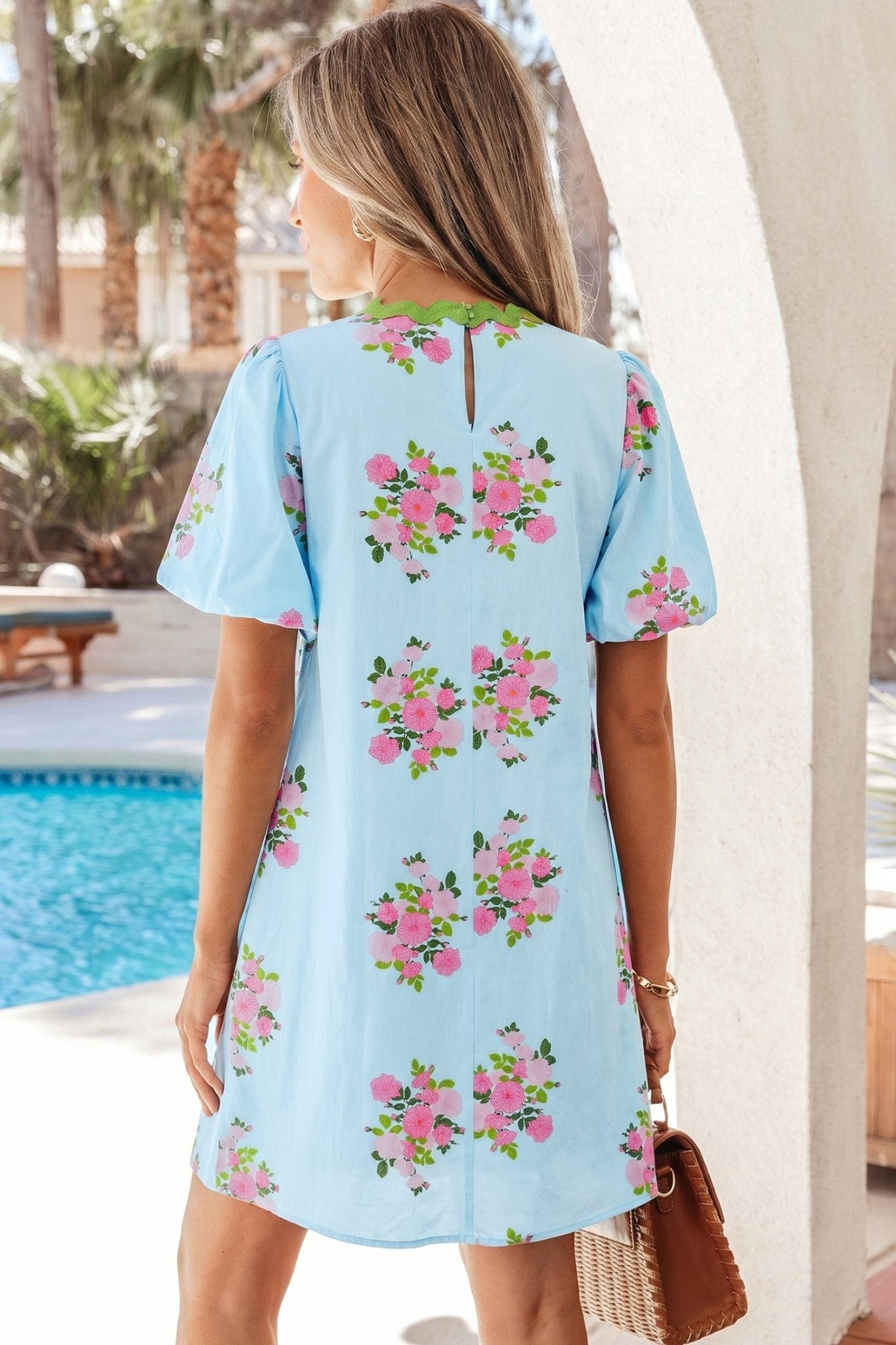 Sky Blue Floral Printed Contrast Ricrac Detail Bubble Sleeve Dress - Loving It Shop