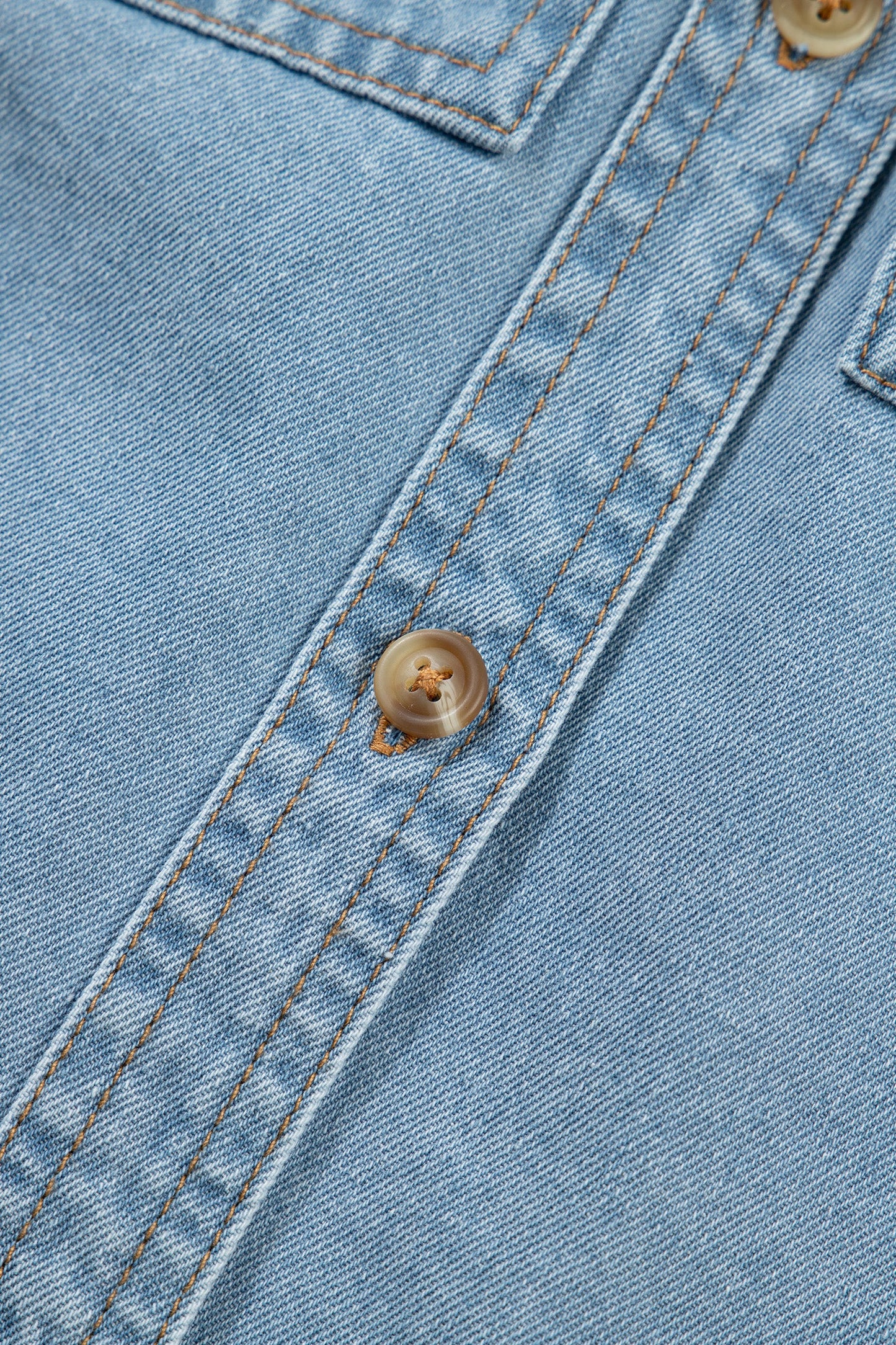 Myosotis Ruffle Detail Short Puff Sleeve Button Down Flap Pocket Denim Shirt