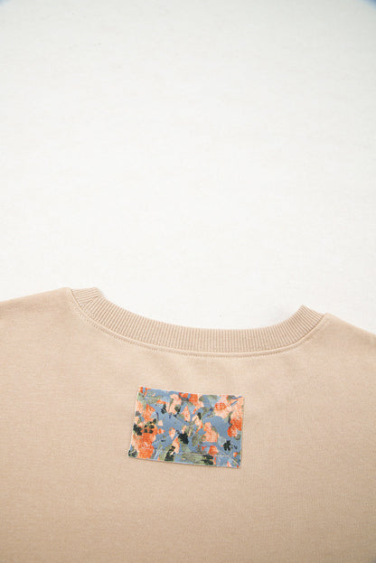 Smoke Gray Plaid Colorblock Patchwork Sleeve Raw Seam Sweatshirt