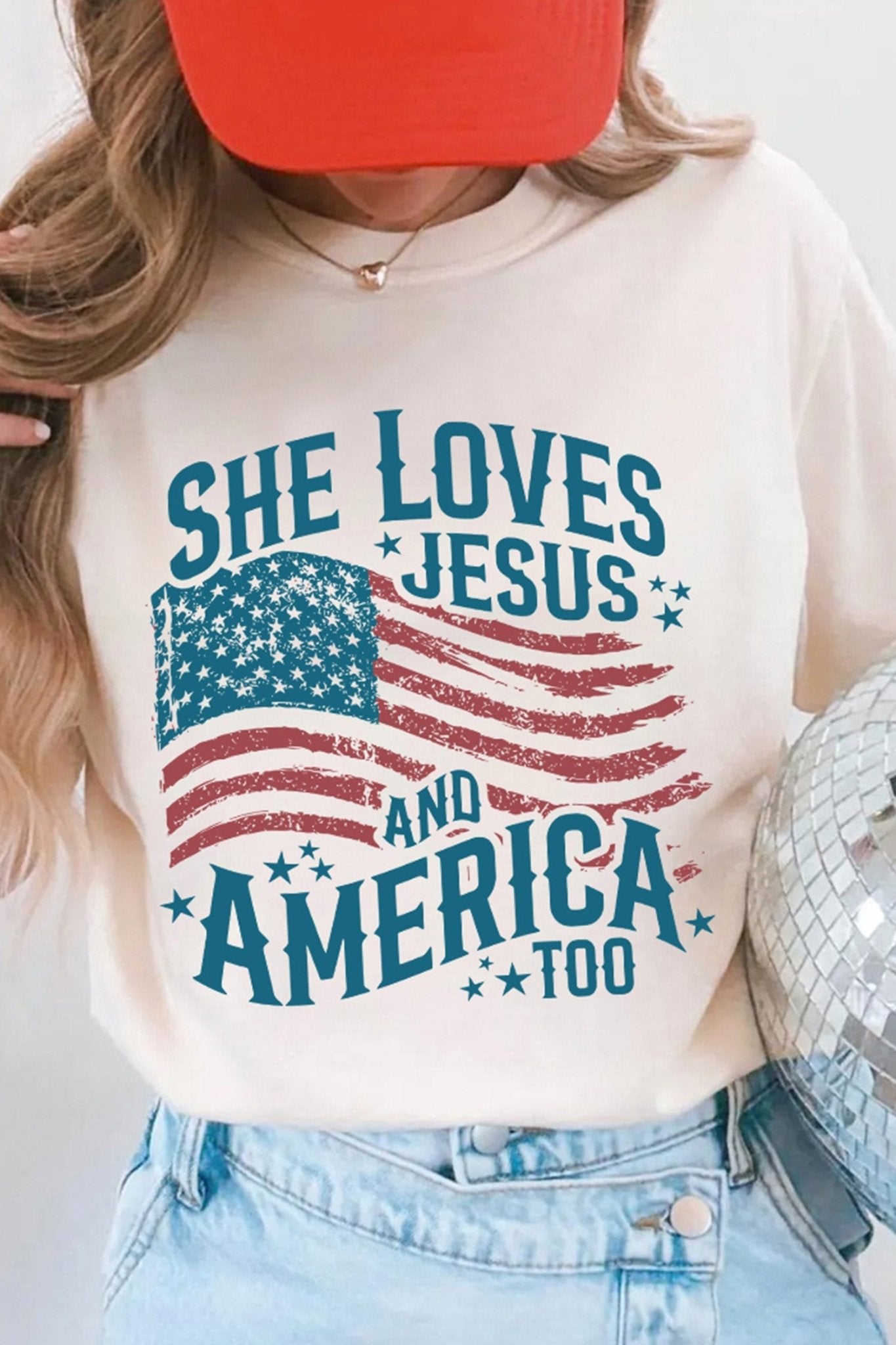 White She Loves Jesus and America Flag Graphic Tee - Loving It Shop