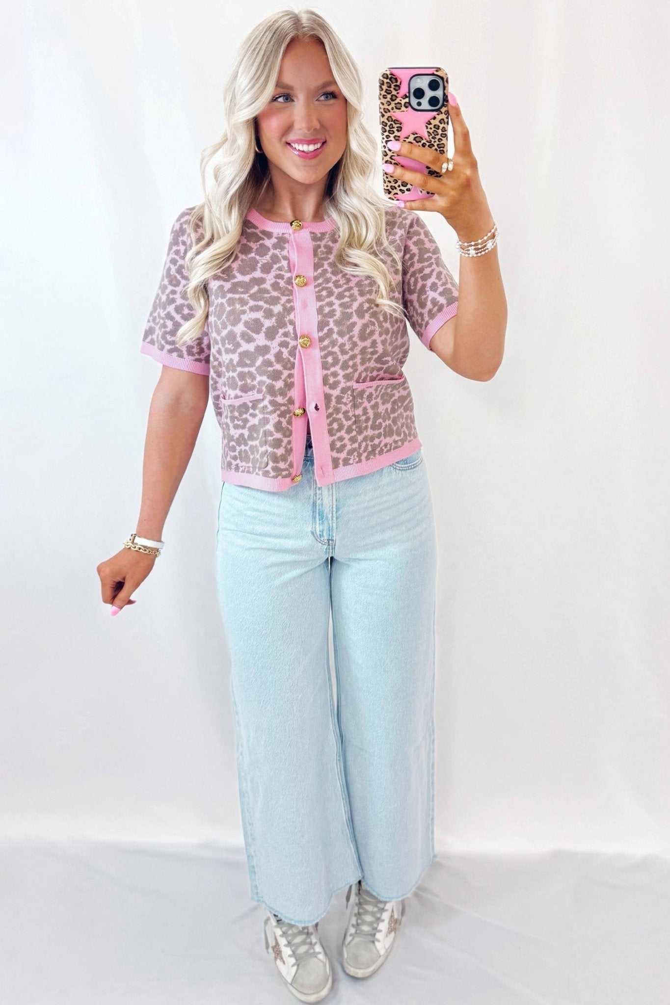 Pink Leopard Button Down Short Sleeve Sweater Cardigan - Loving It Shop