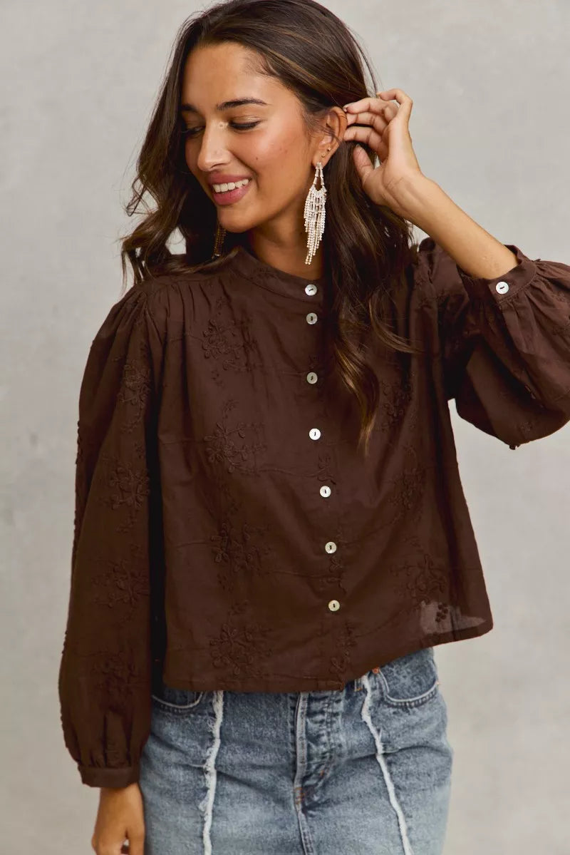 3d Floral Woven Long Sleeve Front Button Shirt
