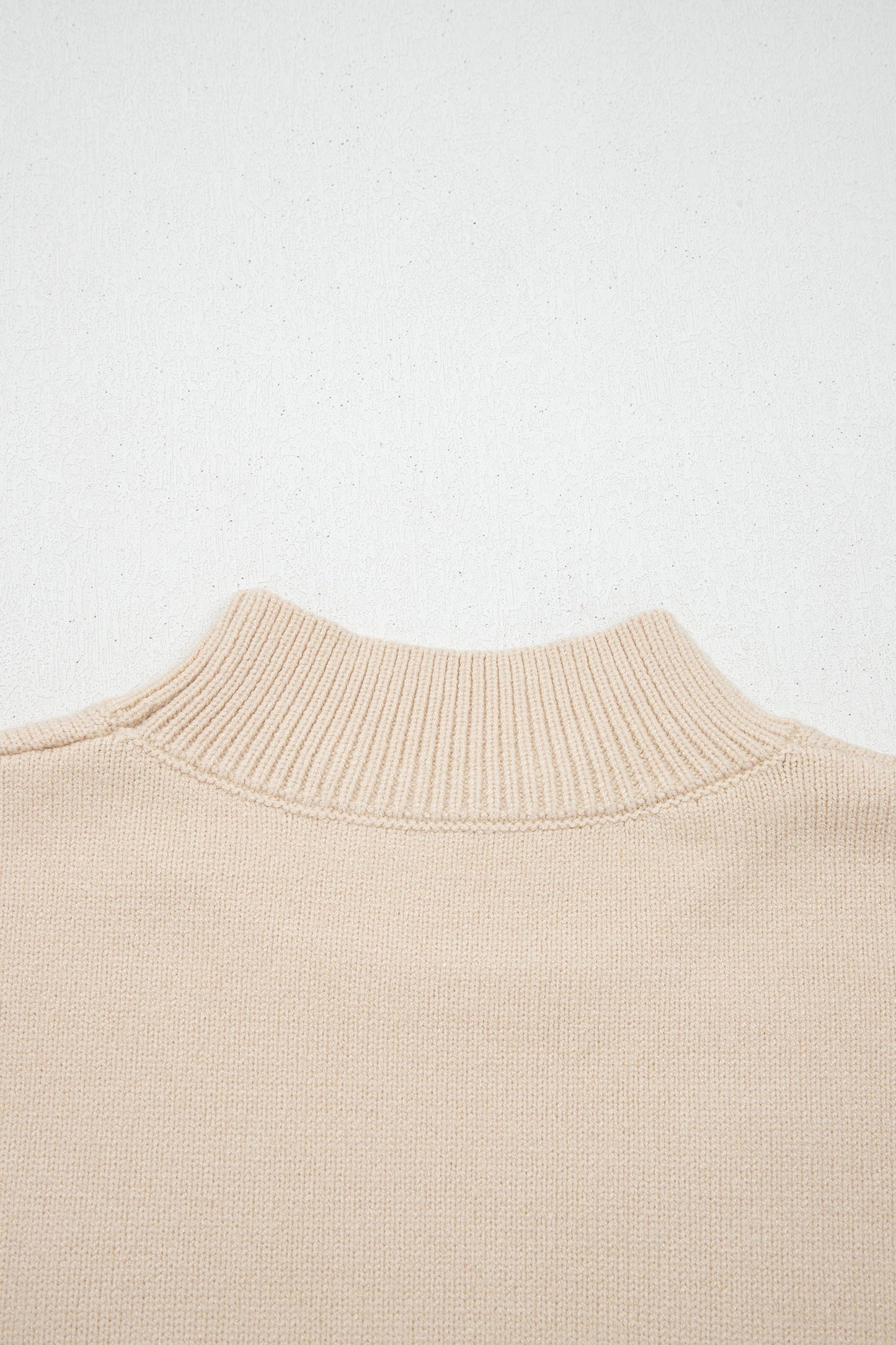 Parchment Corded Horseshoes Ribbed Trim Mock Neck Short Sleeve Sweater