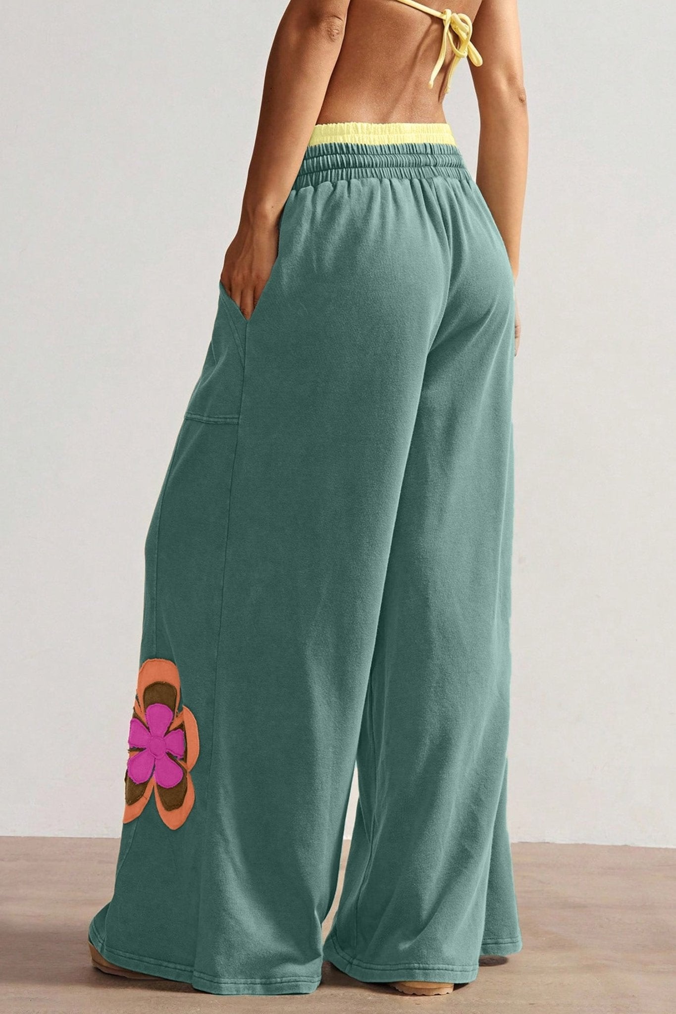 Sea Green Color Block Flower Patchwork Drawstring Contrasted Elastic Waist Wide Leg Pants - Loving It Shop