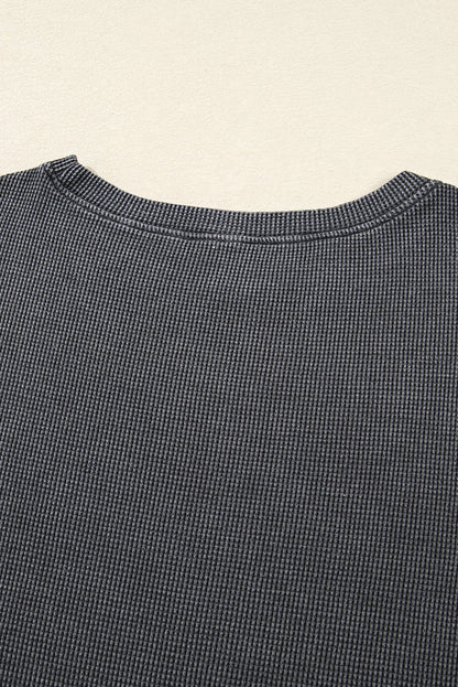 Dark Grey Waffle Knit Patchwork Long Sleeve Loose Top