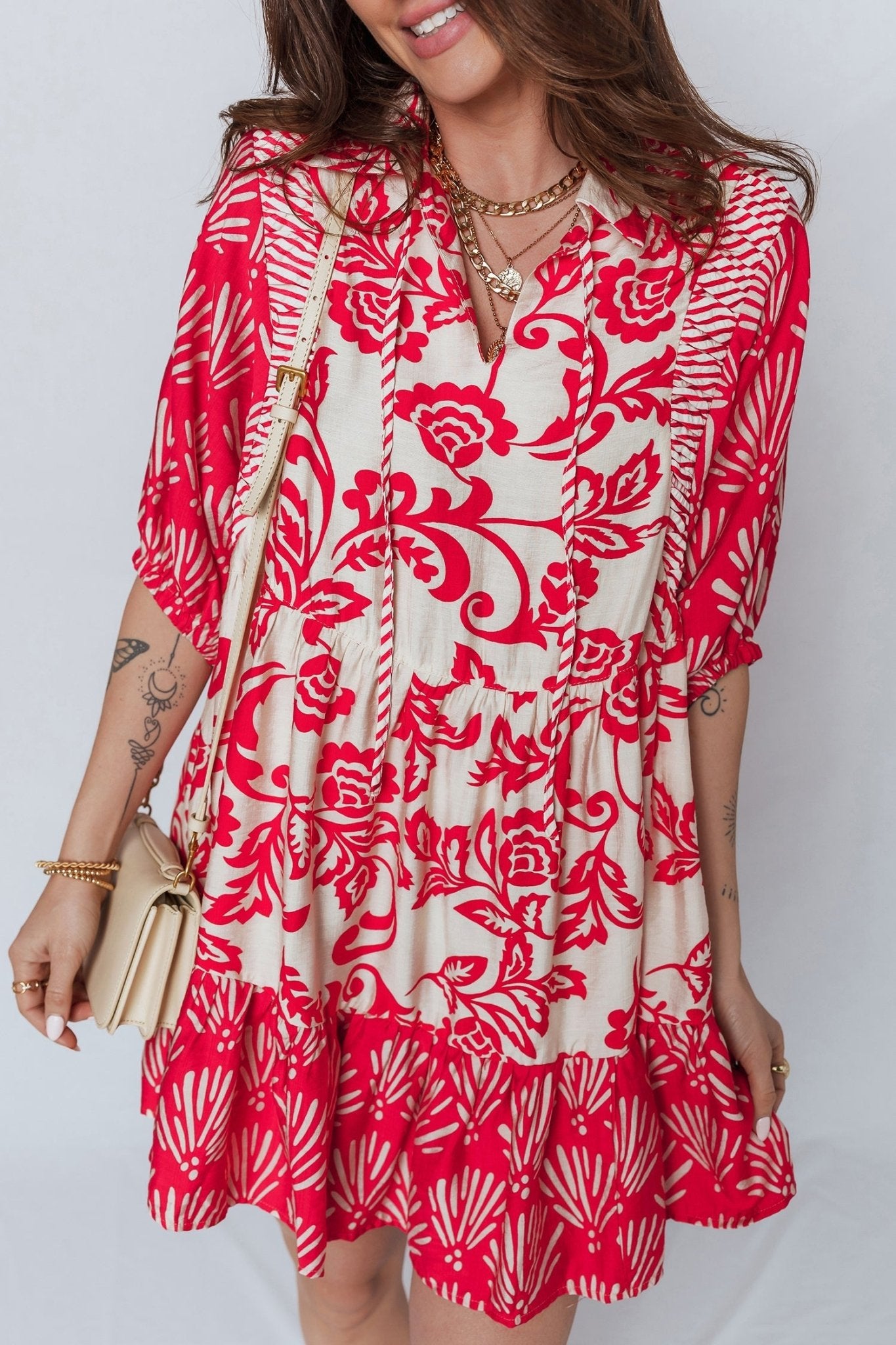 Red Collared V Neck Half Sleeve Loose Flower Mini Dress - Loving It Shop