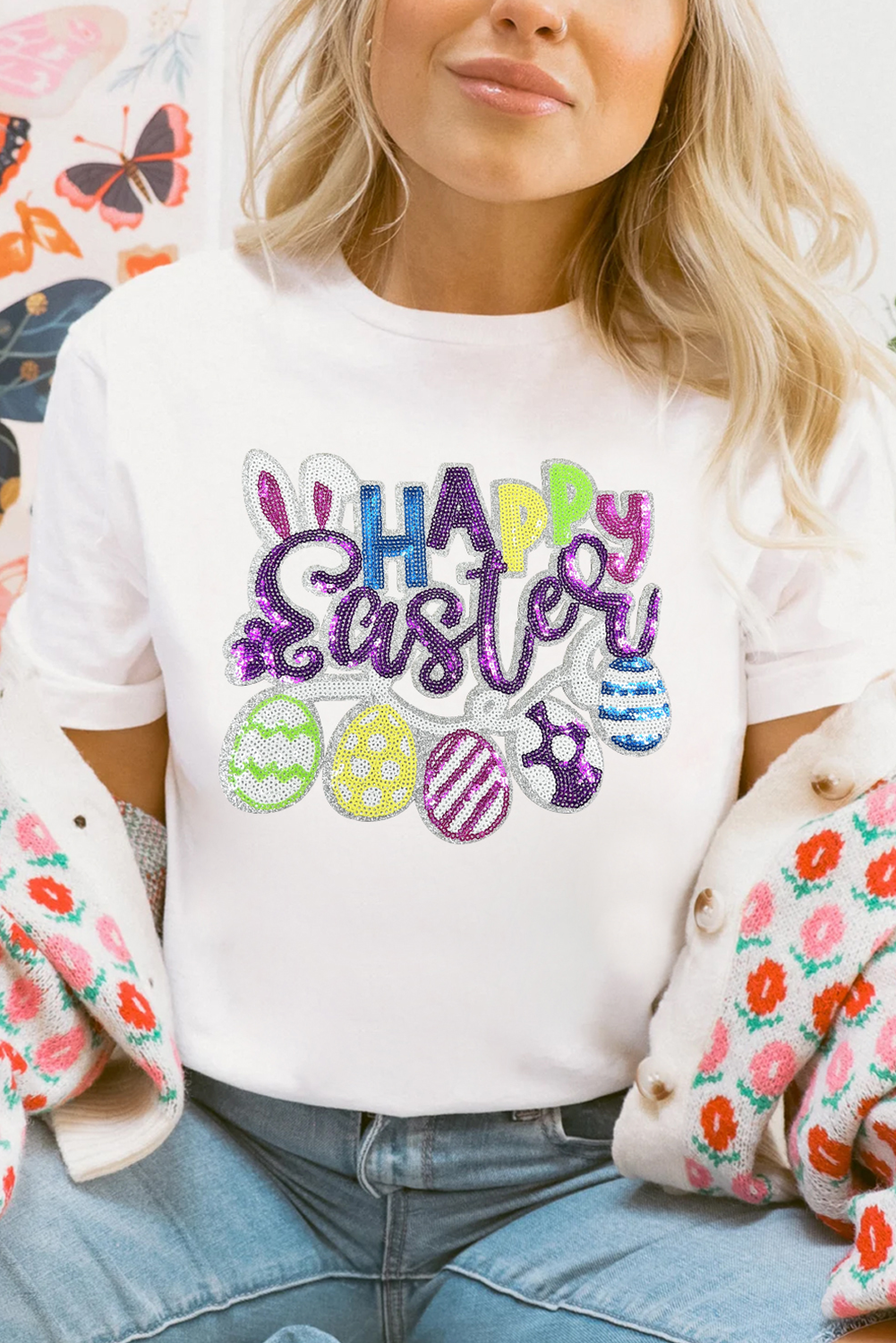 White Happy Easter Sequin Patched Casual Tee - Loving It Shop