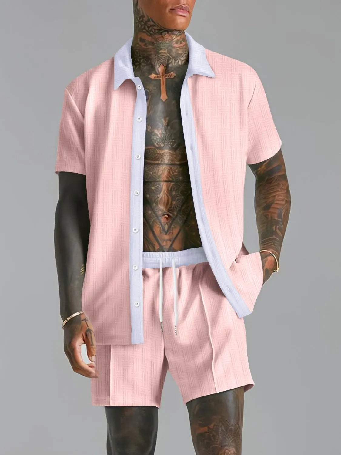 Men's Full Size Collared Neck Short Sleeve Top and Shorts Set Plus Size