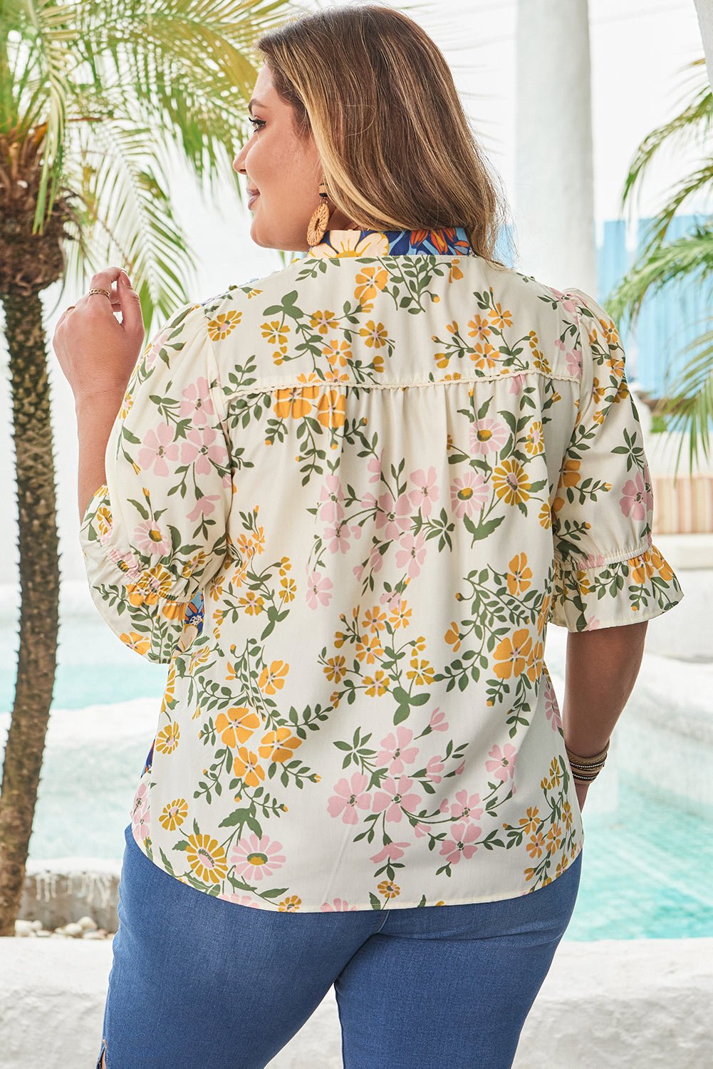 Multicolour Plus Size Floral Print Woven V Neck Half Sleeve Blouse - Loving It Shop