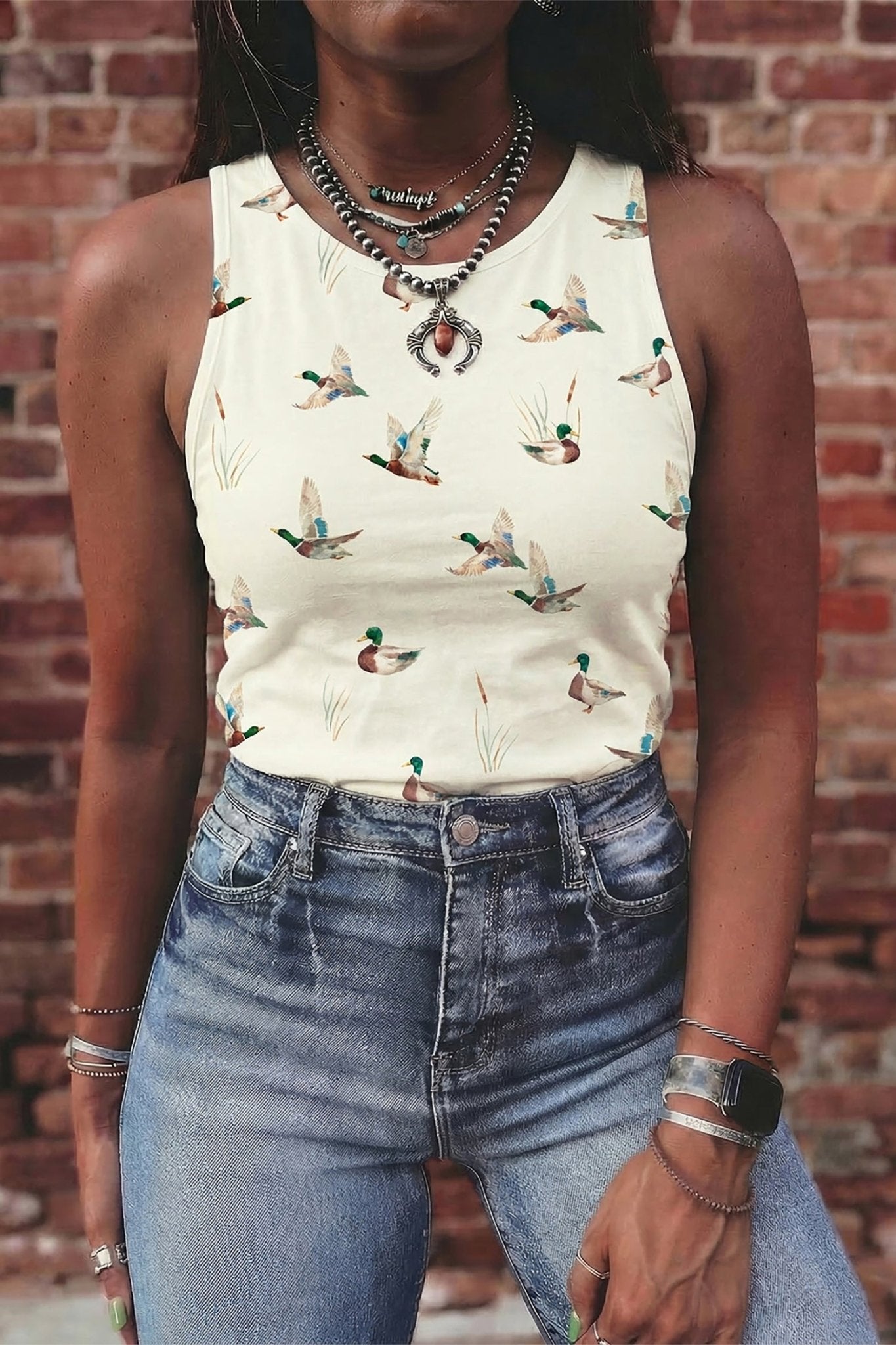 Beige Mallard Print Western Style Tank Top - Loving It Shop