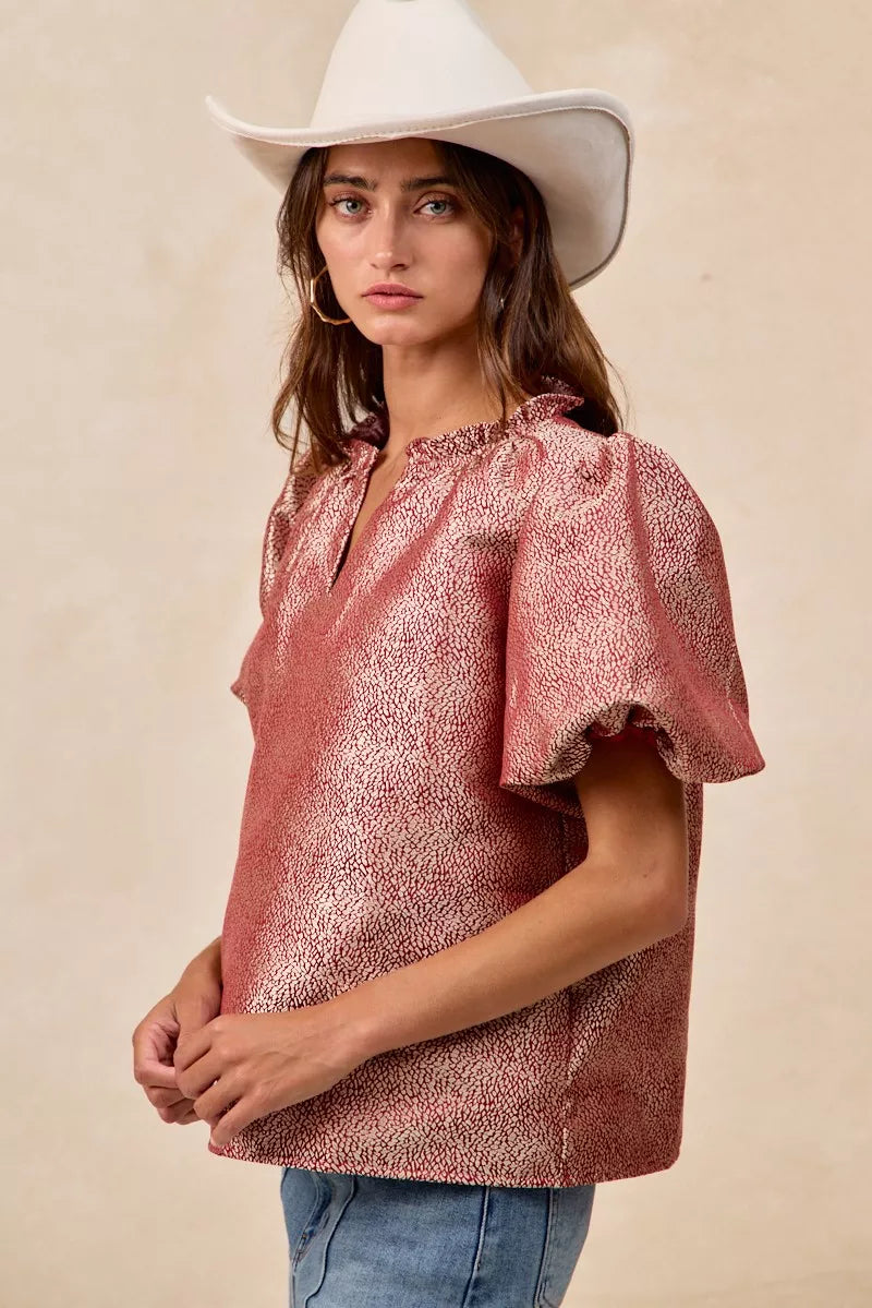 Jacquard Woven Short Balloon Sleeves V Neck Top