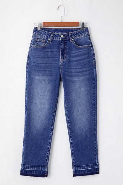Dark Blue Whiskered Wash Raw Hem Cropped Jeans