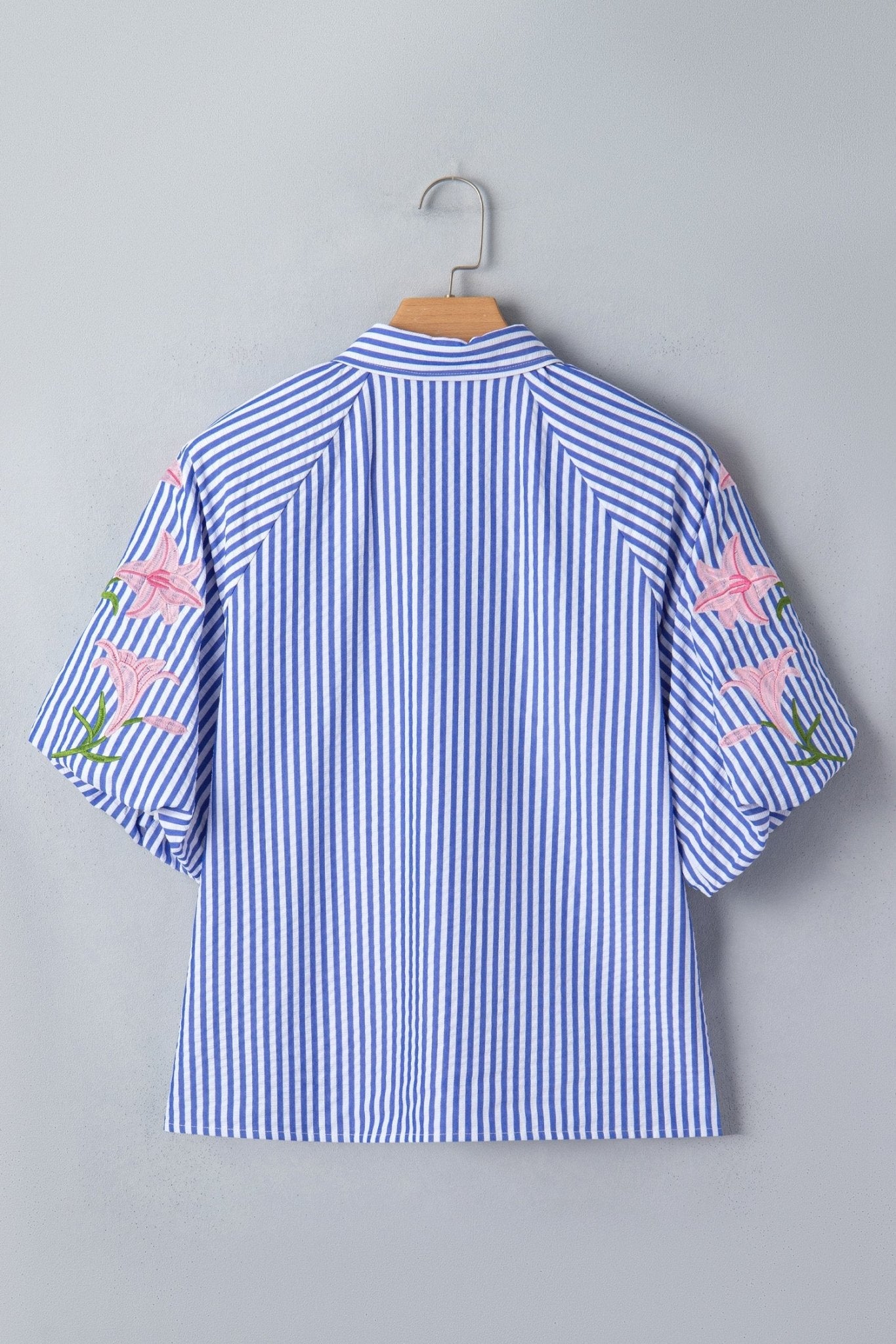 Sky Blue Stripe Lily Floral Embroidered Puff Sleeve Button Down Shirt - Loving It Shop
