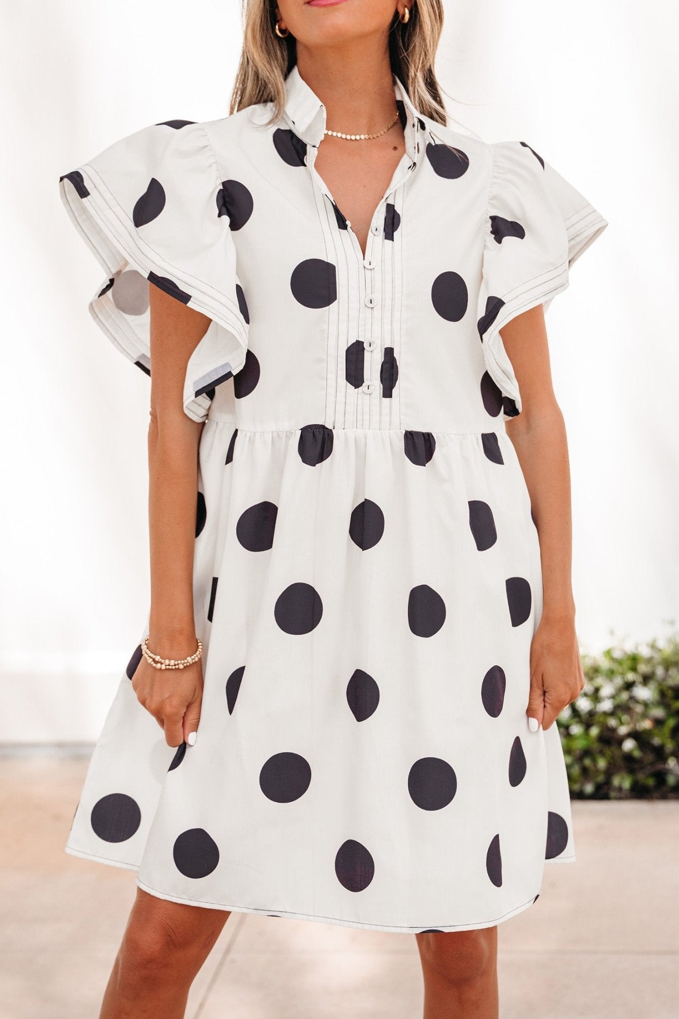 White Polka Dot Print Half Button Ruffled Short Sleeve Loose Mini Dress - Loving It Shop