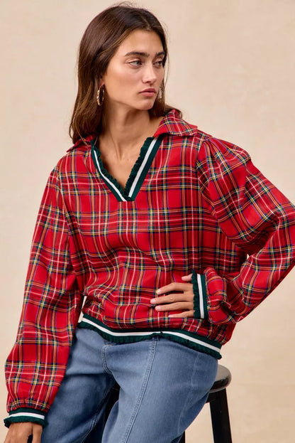 Christmas Plaid Collared Top with Ruffled Detail
