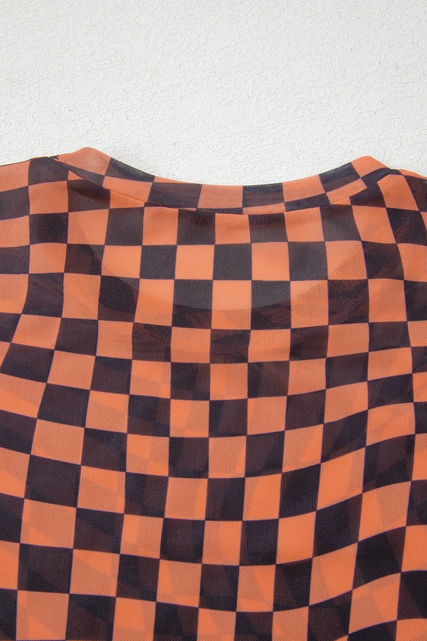 Orange Checkered Print Crew Neck Mesh T Shirt