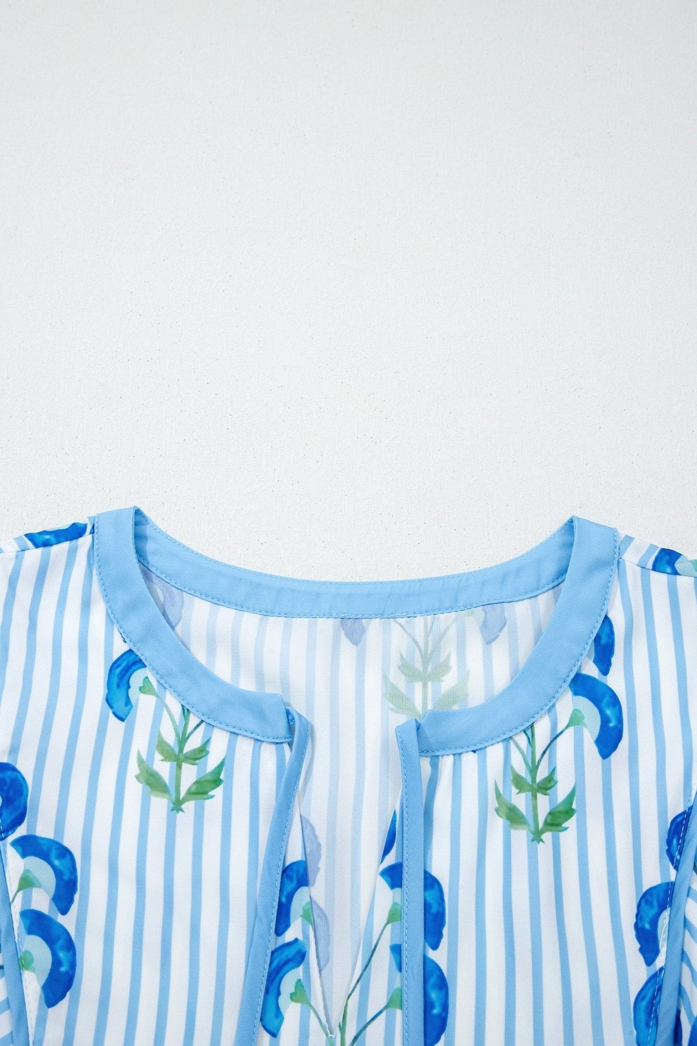 Sky Blue Floral Striped Print Tie Notched Neck Puff Sleeve Flared Mini Dress - Loving It Shop