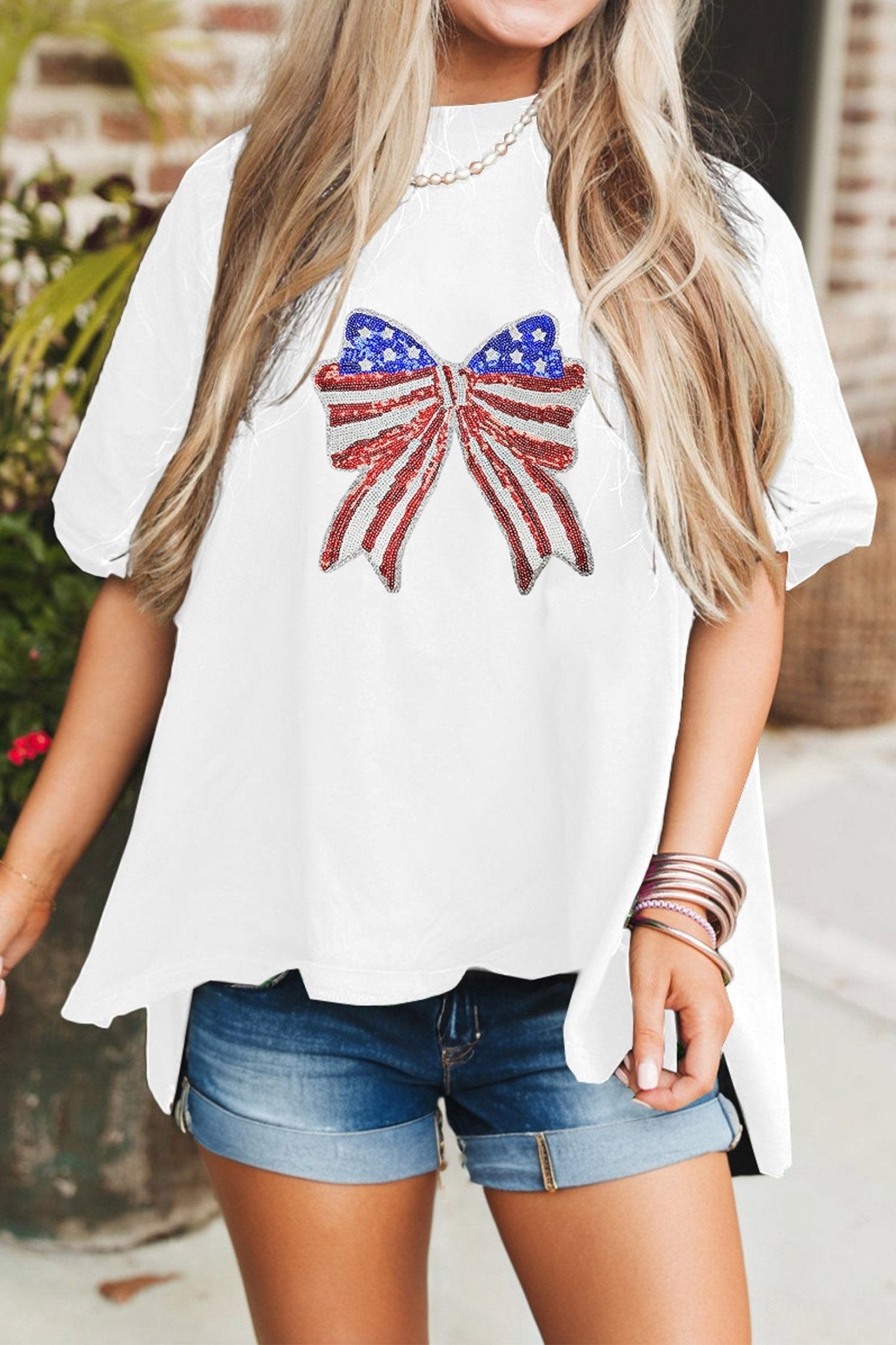 White Patriotic Sequin Bow Graphic Oversized Tee - Loving It Shop