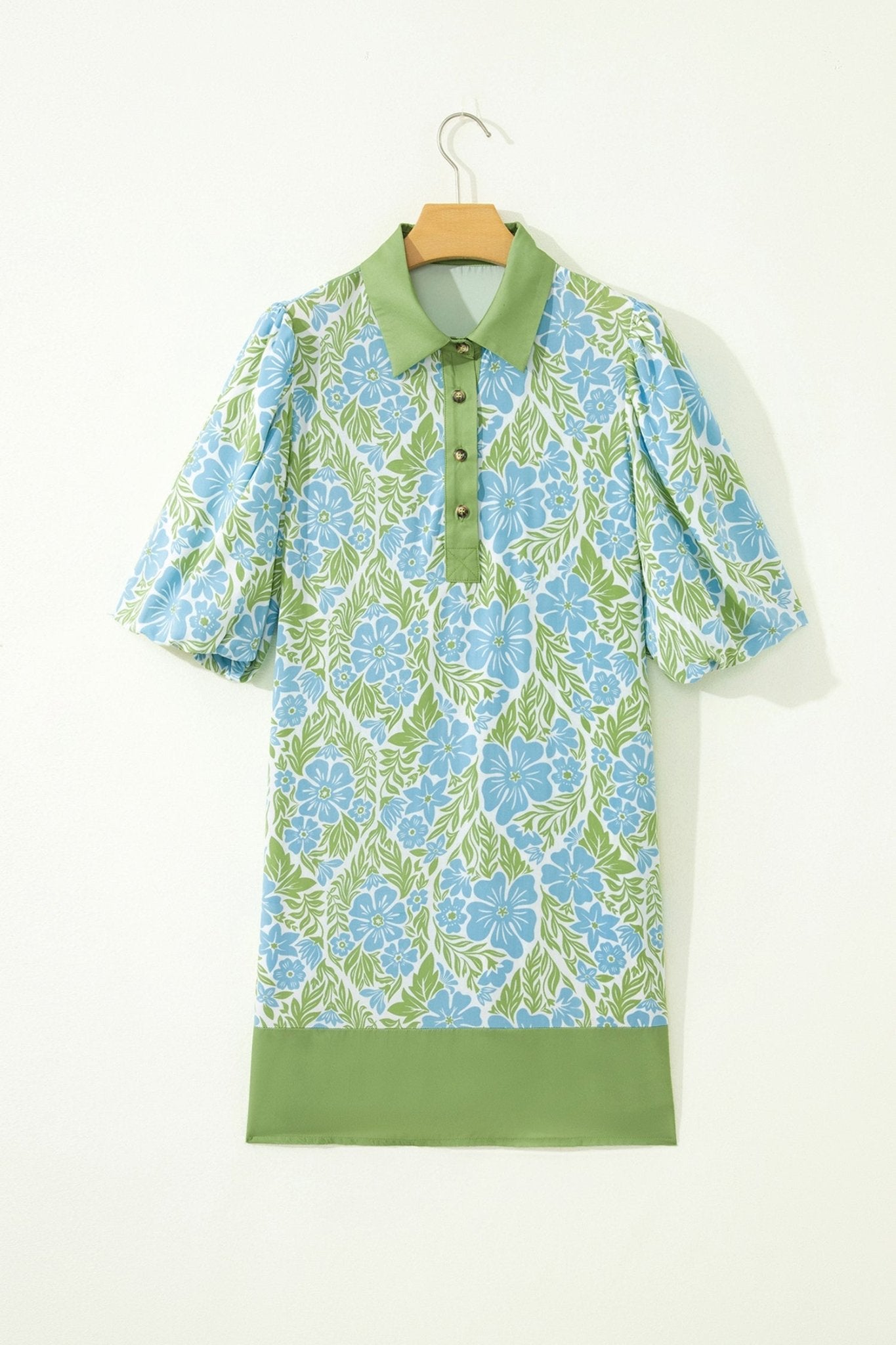Sky Blue Floral Print Color Block Patchwork Shirt Collar Half Sleeve Mini Dress - Loving It Shop