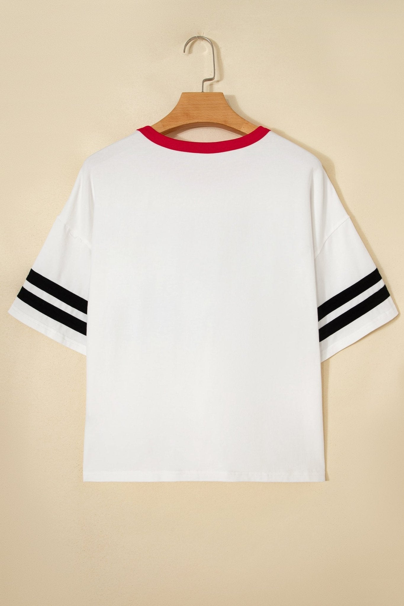 White USA Letter Printed Varsity Striped Sleeve Round Neck Tee - Loving It Shop