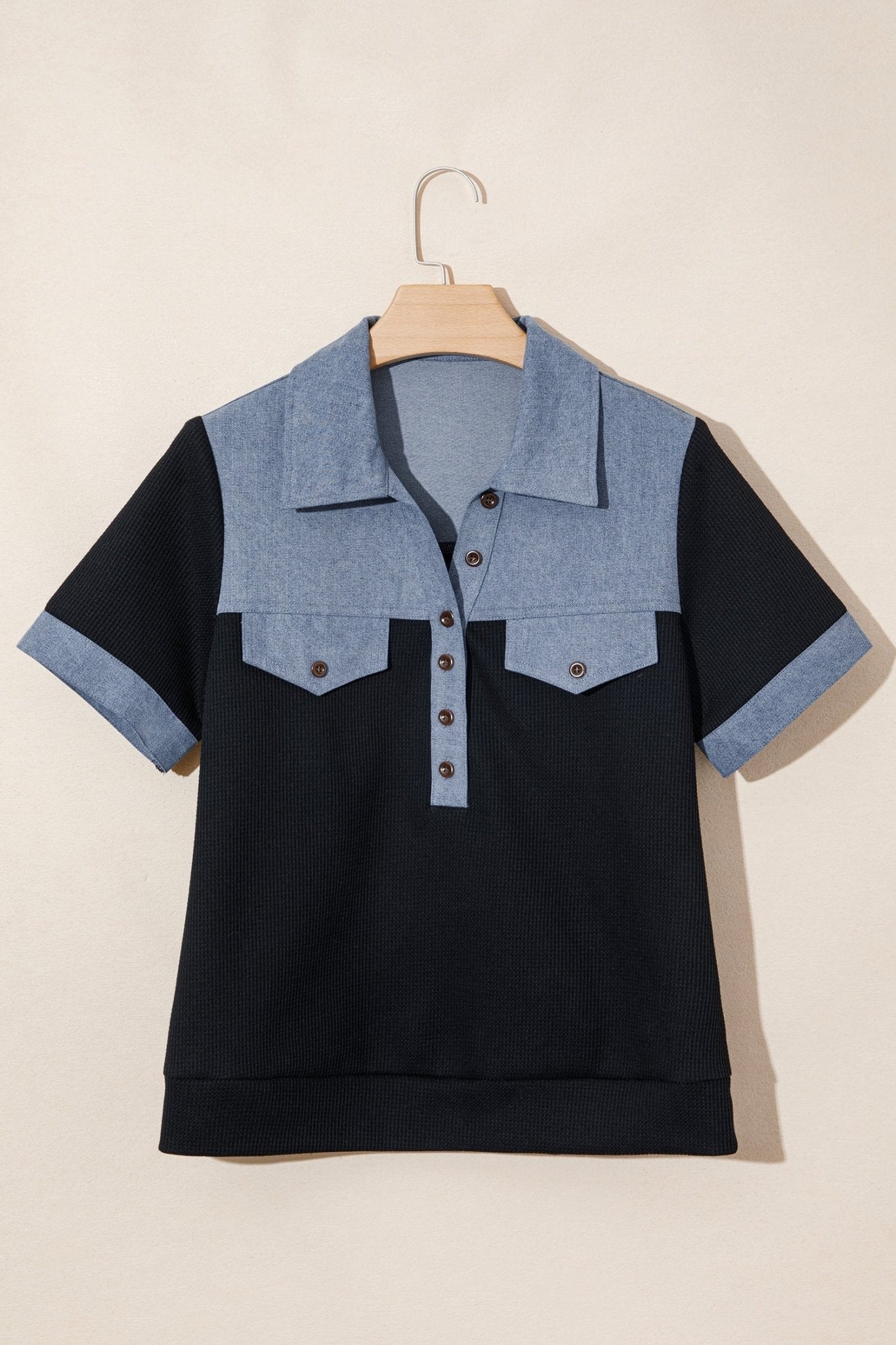 Black Waffle Knit Denim Color Block Patchwork Button Flap Polo Top - Loving It Shop