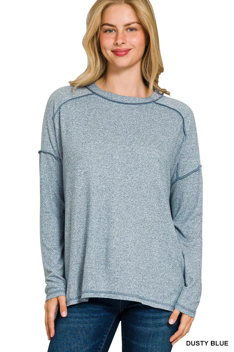 Full Size Melange Hacci Exposed Seam Hi-low Tee Plus Size