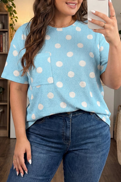 Sky Blue Twisted Rib Polka Dot Print Plus Size T Shirt - Loving It Shop