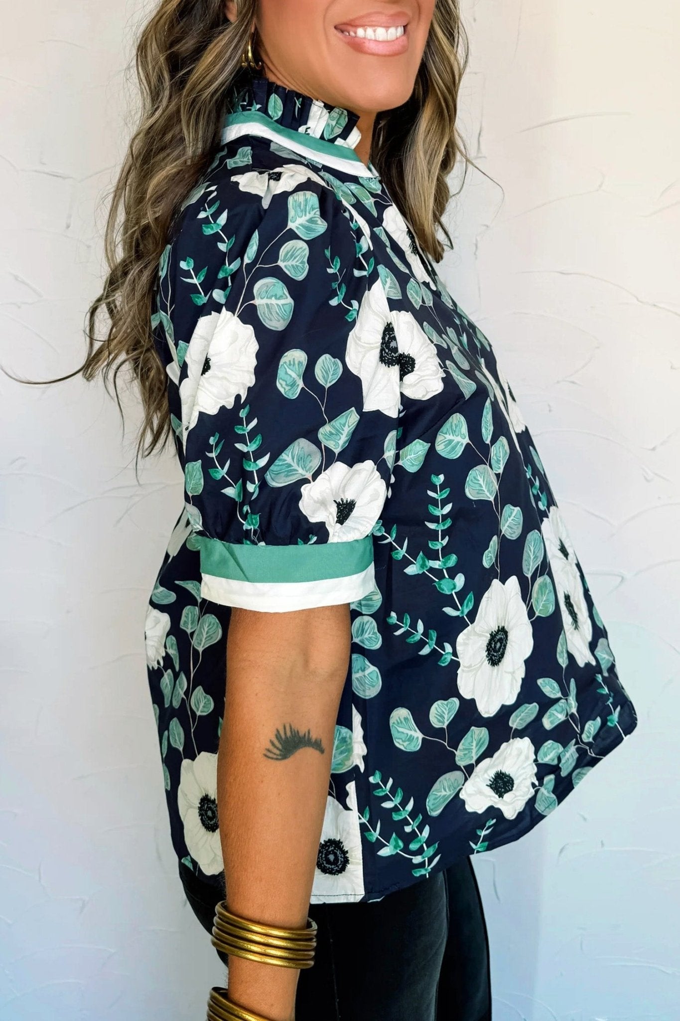 Blue Floral Print Striped Patchwork V Neck Short Sleeve Blouse - Loving It Shop