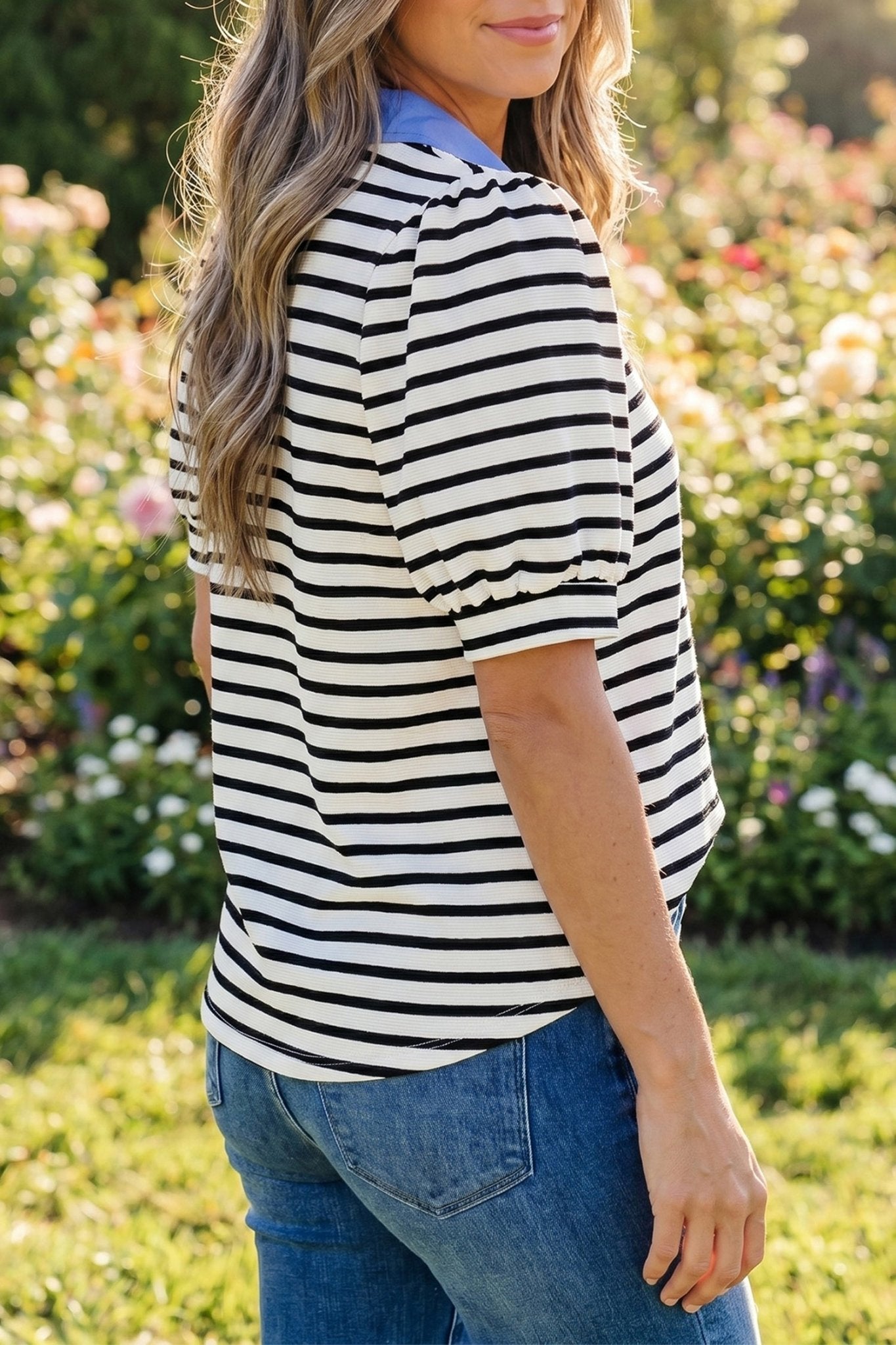 Black Stripe Short Puff Sleeve Color Block Polo Collar Blouse - Loving It Shop