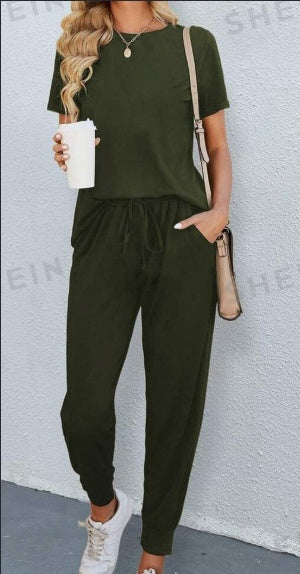 Solid Round Neck Tee &amp; Pants Set