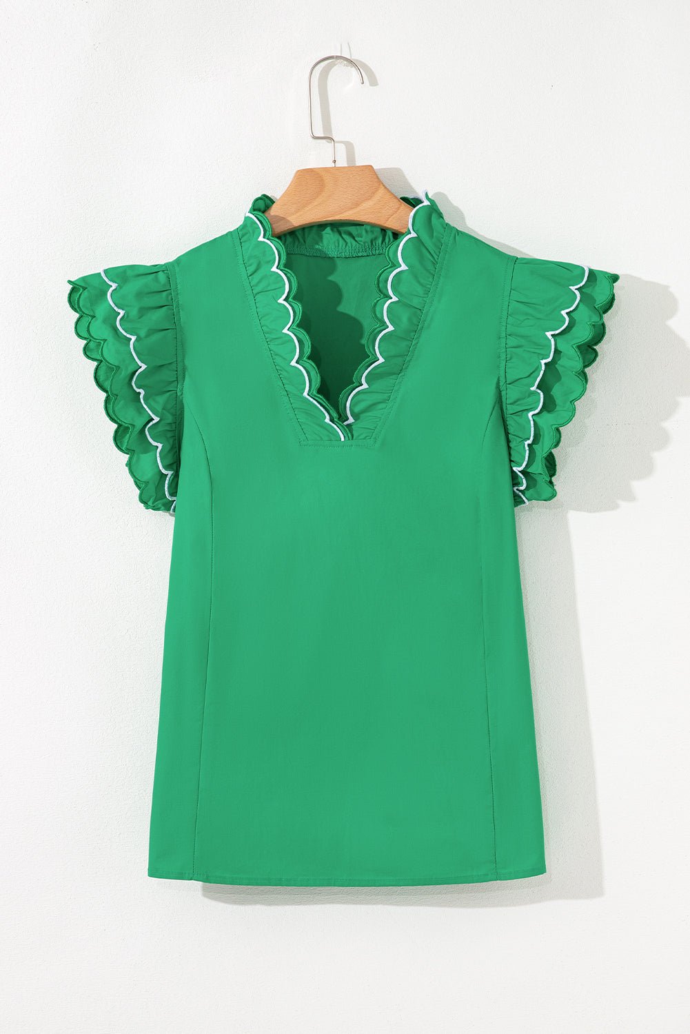 Bright Green Contrast Scallop Trim Layered Short Sleeve V Neck Blouse - Loving It Shop