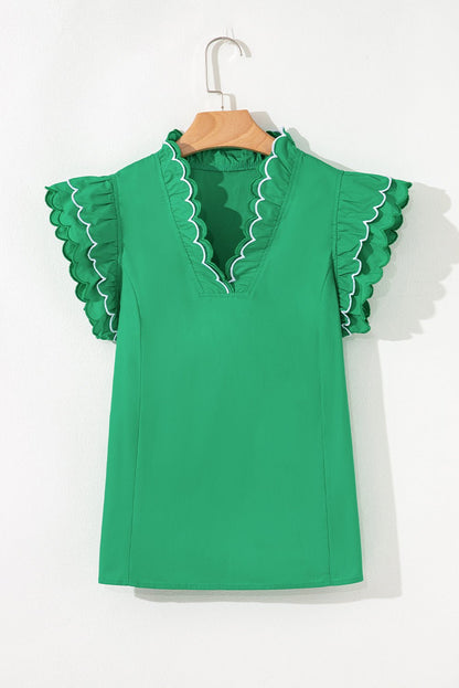 Bright Green Contrast Scallop Trim Layered Short Sleeve V Neck Blouse - Loving It Shop