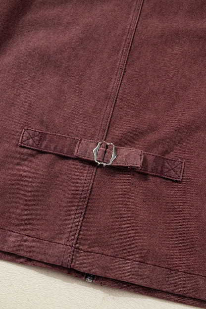 Coffee Corduroy Collar Zipped Front Denim Jacket