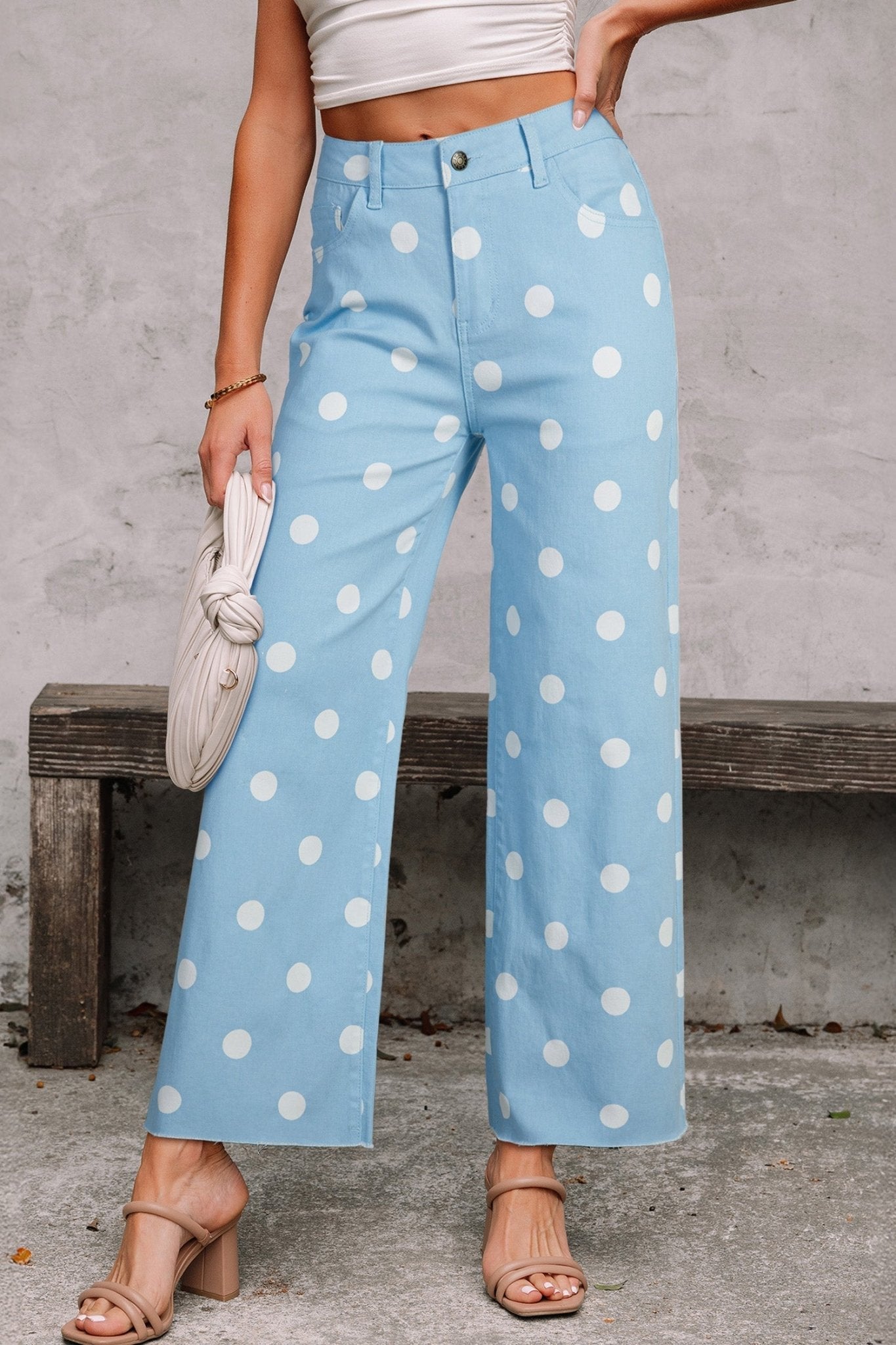 Sky Blue Polka Dot Print Raw Hem Shift Jeans - Loving It Shop